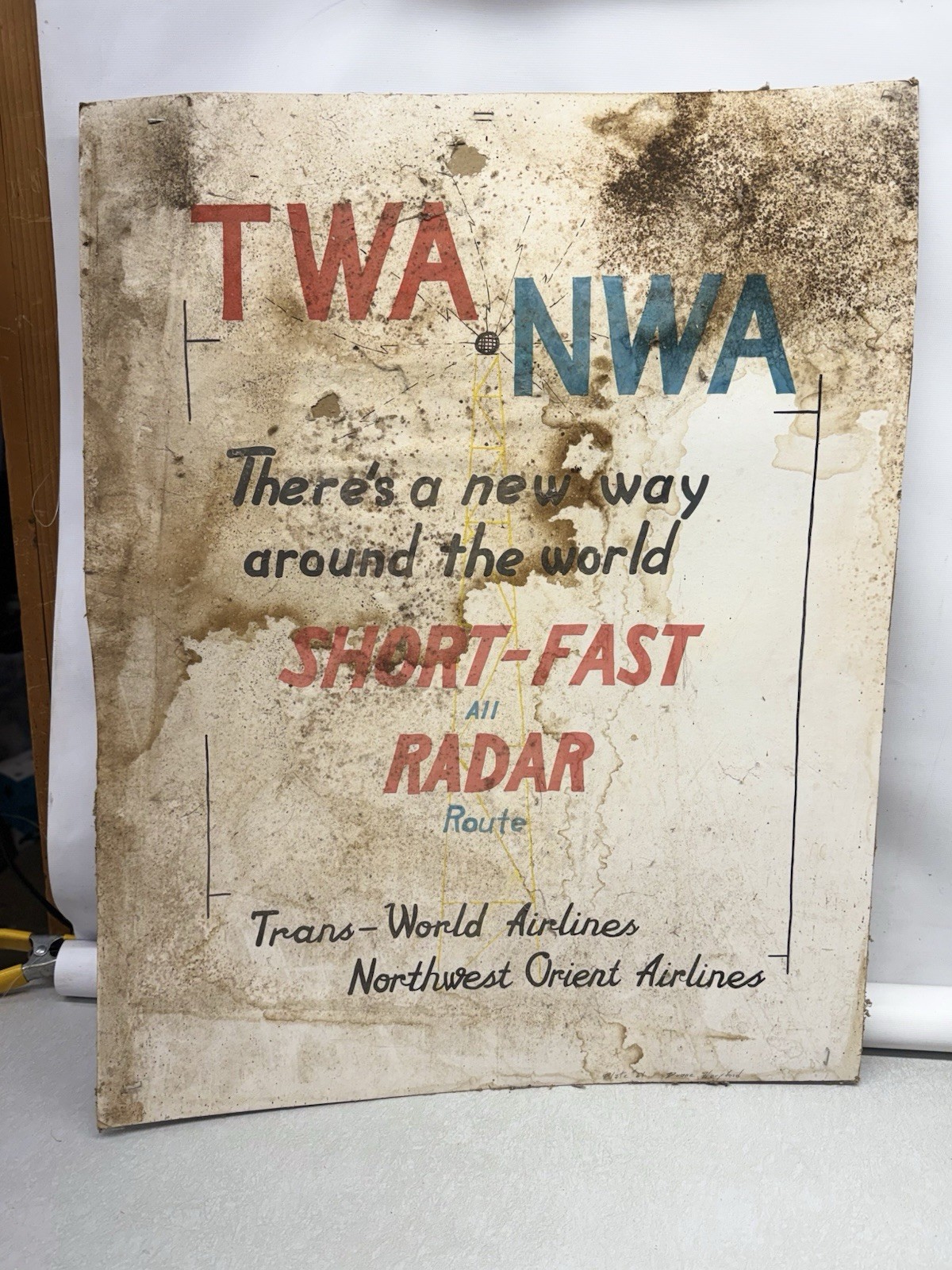 Vintage 1958 TWA NWA Airlines Advertisement Sign Trans World Northwest Orient