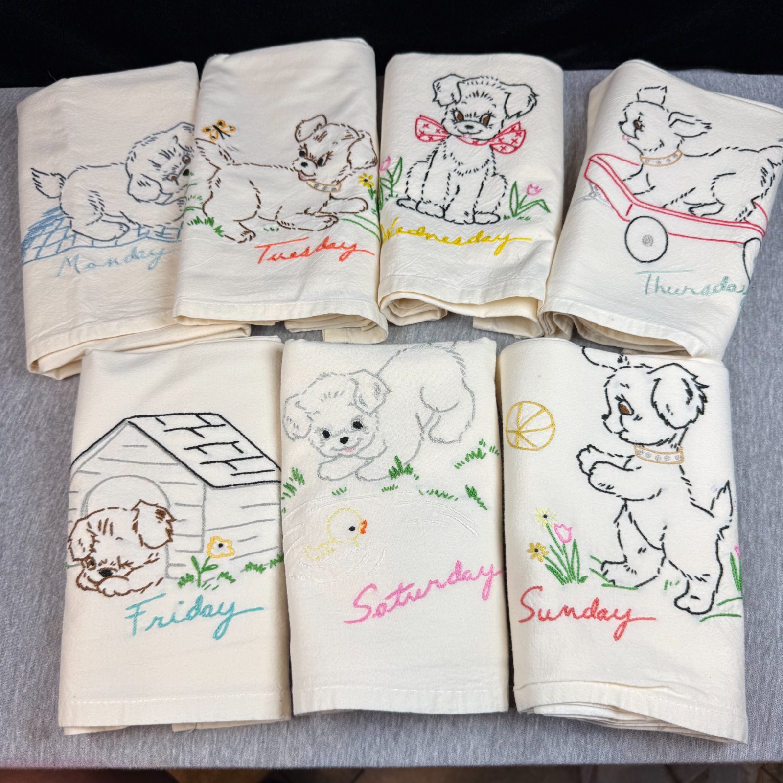 Vintage NOS Hand Embroidered Flour Sack Tea Towels Set 7 Puppy Days Week XL MCM