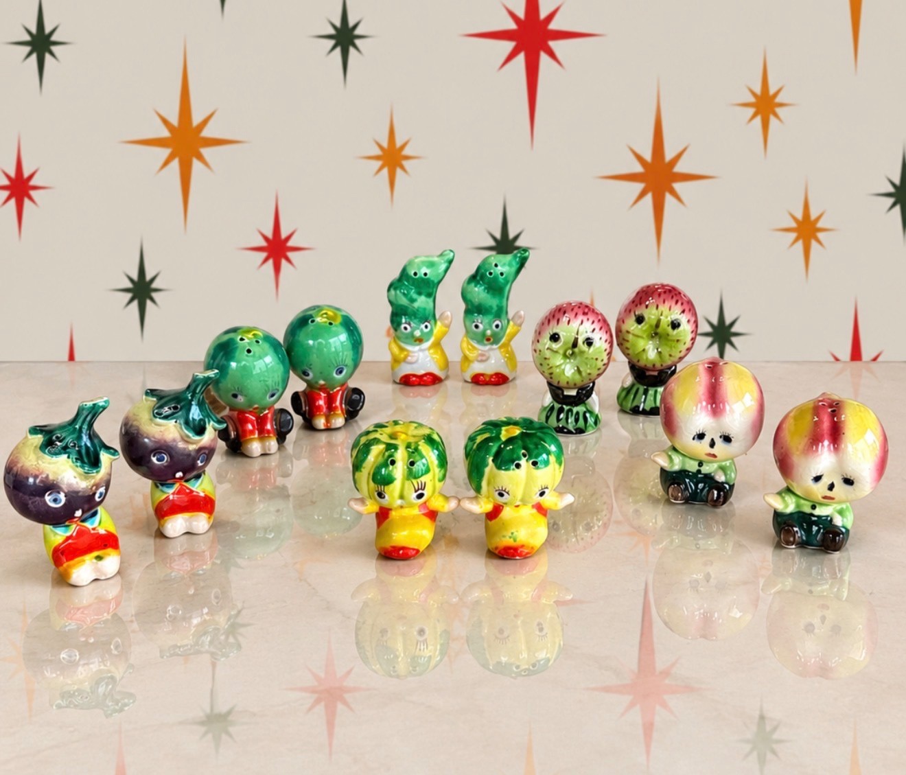 Vintage Japan Anthropomorphic Salt Pepper Shakers 6 Pairs 12 Pc MCM Kitsch