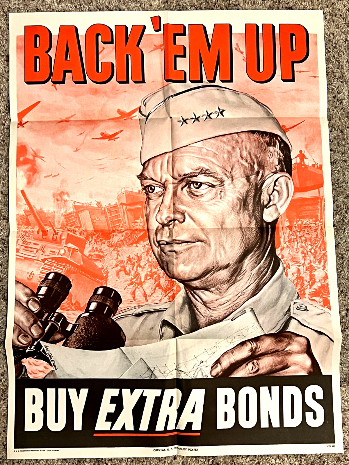 Original 1944 Back 'Em Up Buy Extra Bonds IKE US Treasury WWII Poster