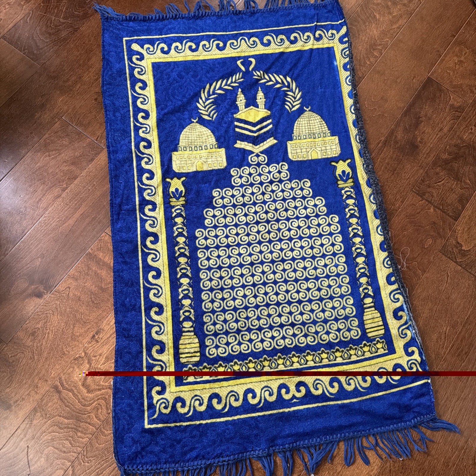 Vtg Islamic Prayer Rug 24x40 Blue Gold Velvet Kaaba Mecca Sajadah Fringe 