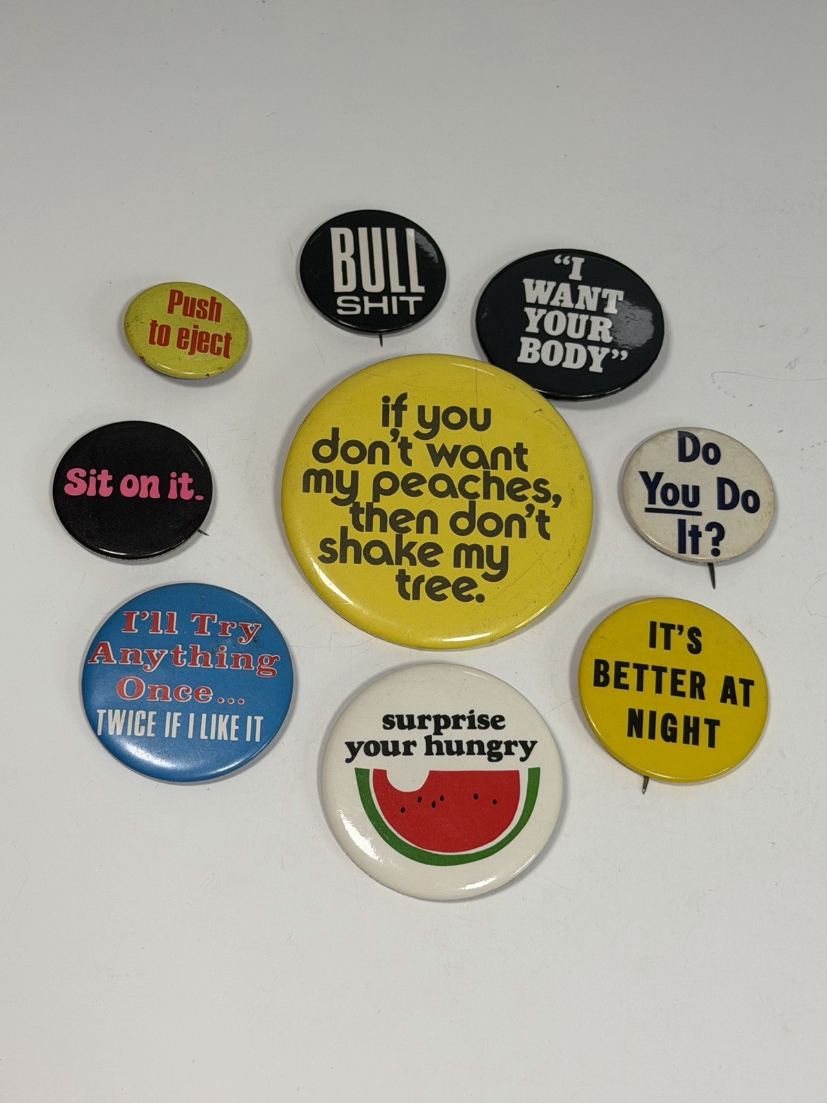 Vintage 60’s 70’s Sarcastic Novelty 9 Buttons Pin Back Funny Adult Humor.    AH