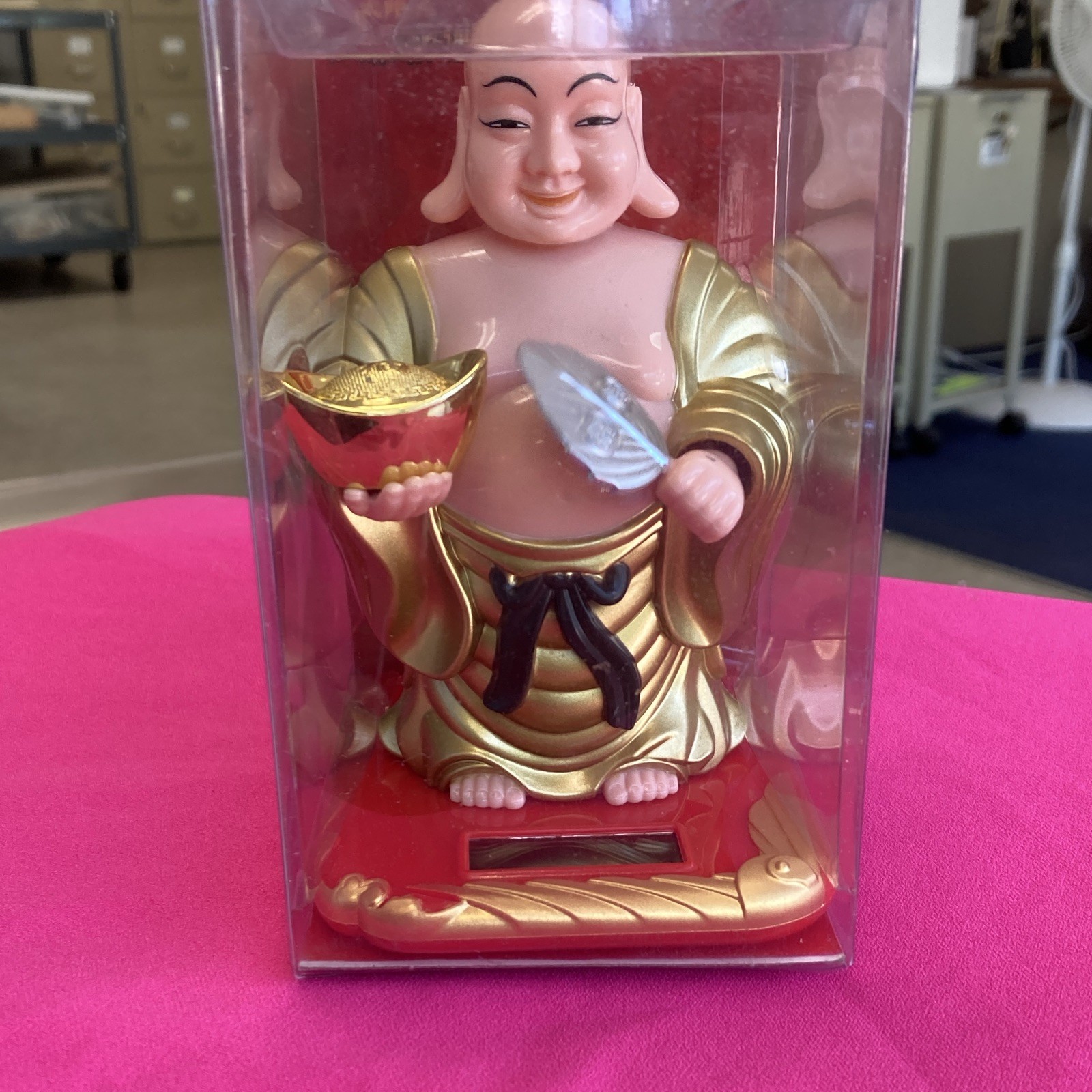 Solar Powered Laughing Buddha Buddhist Statue Figure, Gold Red, MLY23010
