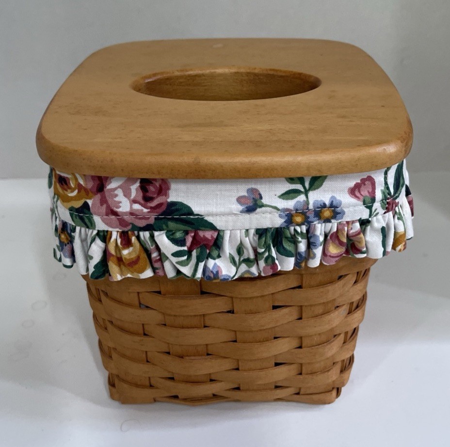 VTG 1996 Longaberger Tissue Basket Wood Lid Floral Roses Fabric Liner Protector
