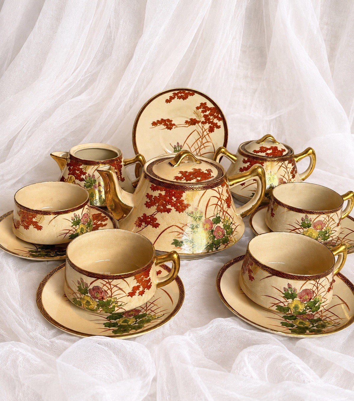 Vintage Kutani Japan Tea Set 13 Pc Autumn Maple Crackle Glaze Gold Trim Teapot