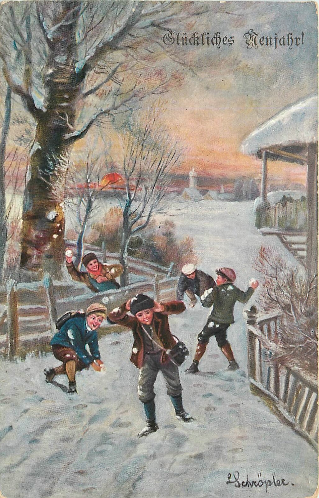 Postcard C-1910 New Year Children Snowball fight Winter Scene Schropler 24-7232