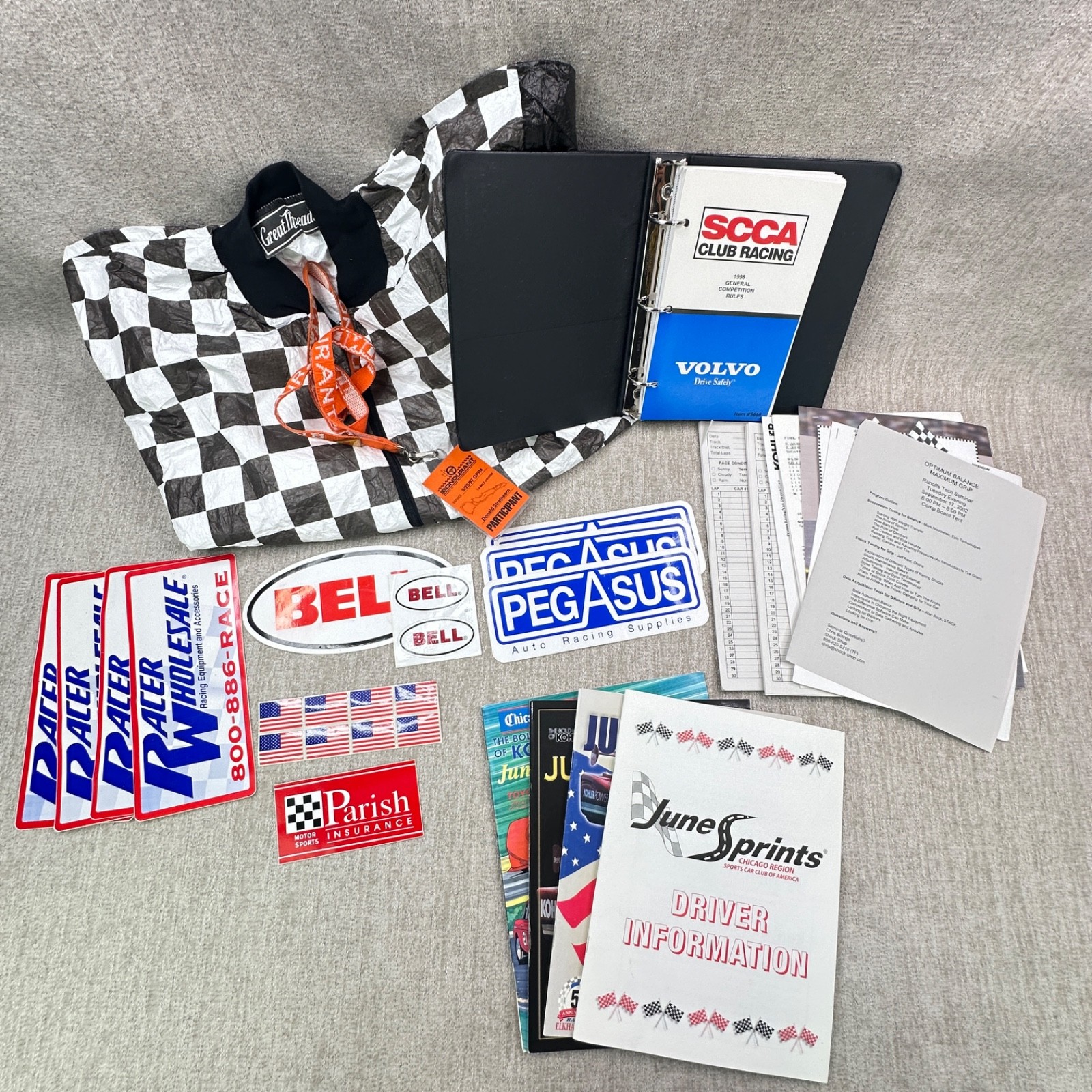 Vintage SCCA Racing Stickers Literature Rule Book Lanyard Pin Tyvek Jacket Lot