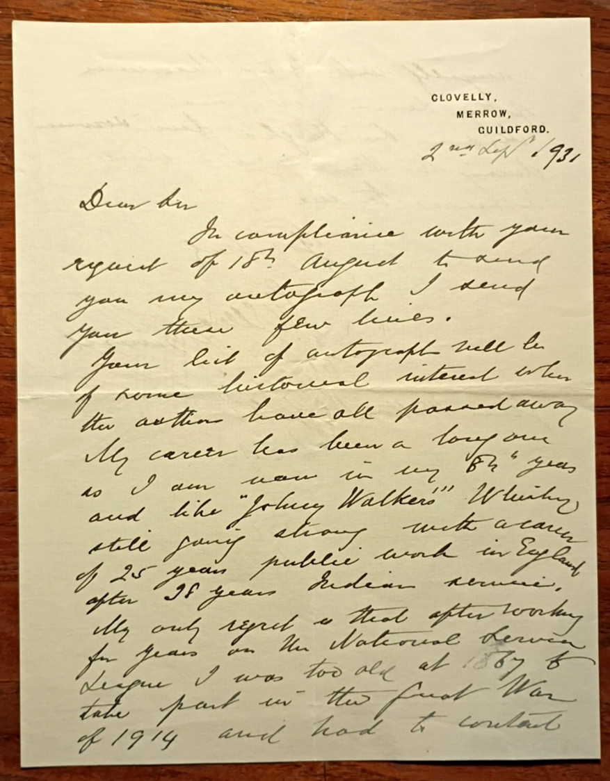 Lt-Gen Sir Edmond Elles (1848-1934) Signed Letter RE: Tank Commander Hugh Ellis
