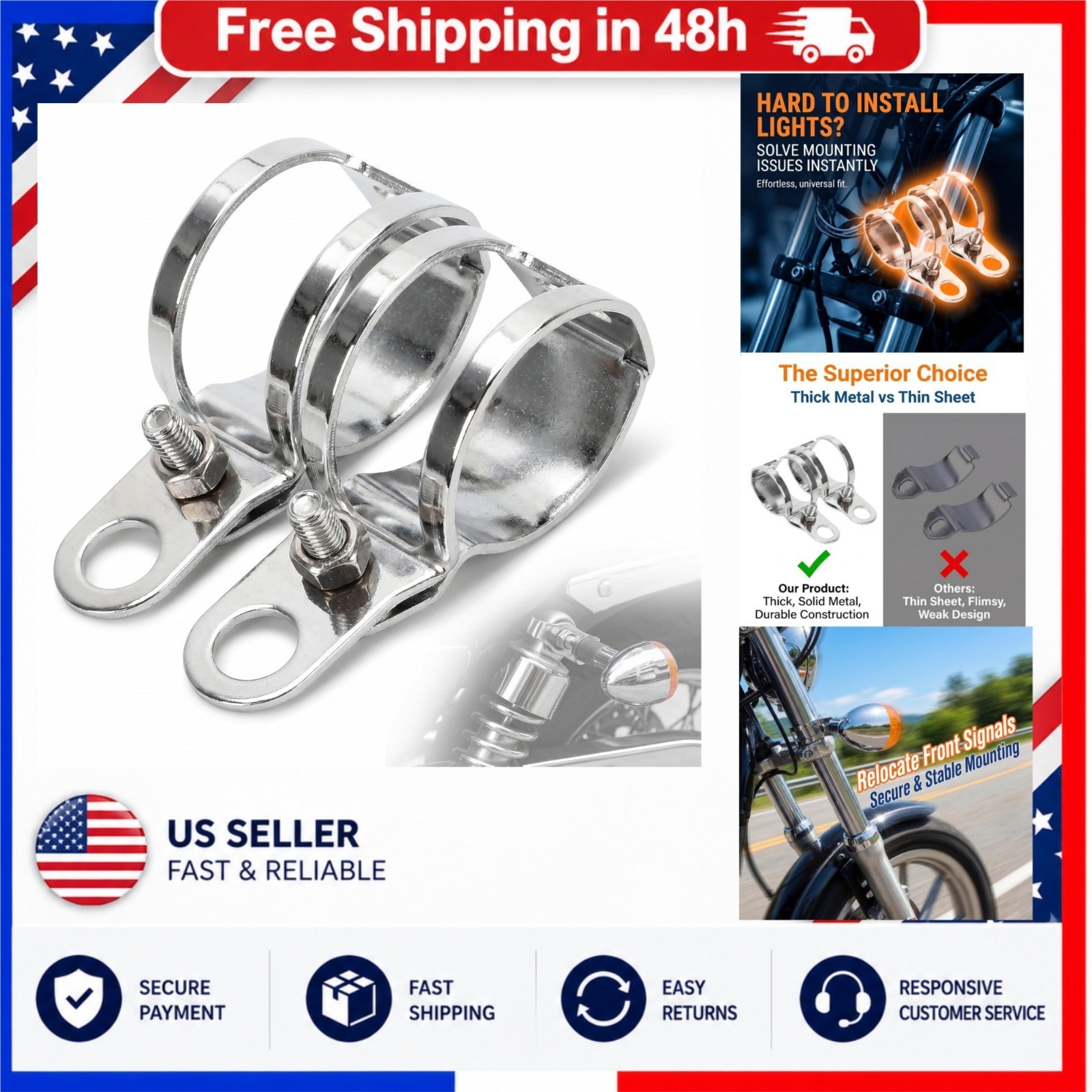 Universal Motorcycle Turn Signal Brackets White Front Fork Mount Pair 30-45mm