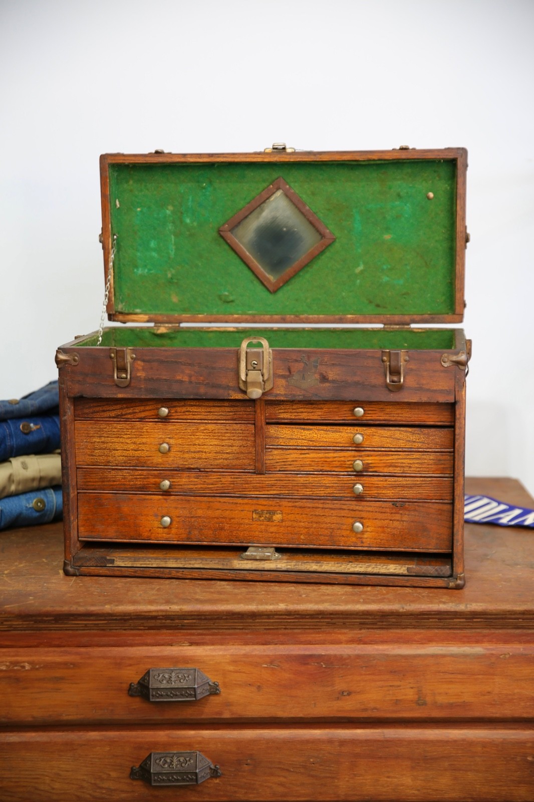 Antique Machinist Tool Box chest Wood Jewelry box 7 Drawer Vintage oak case