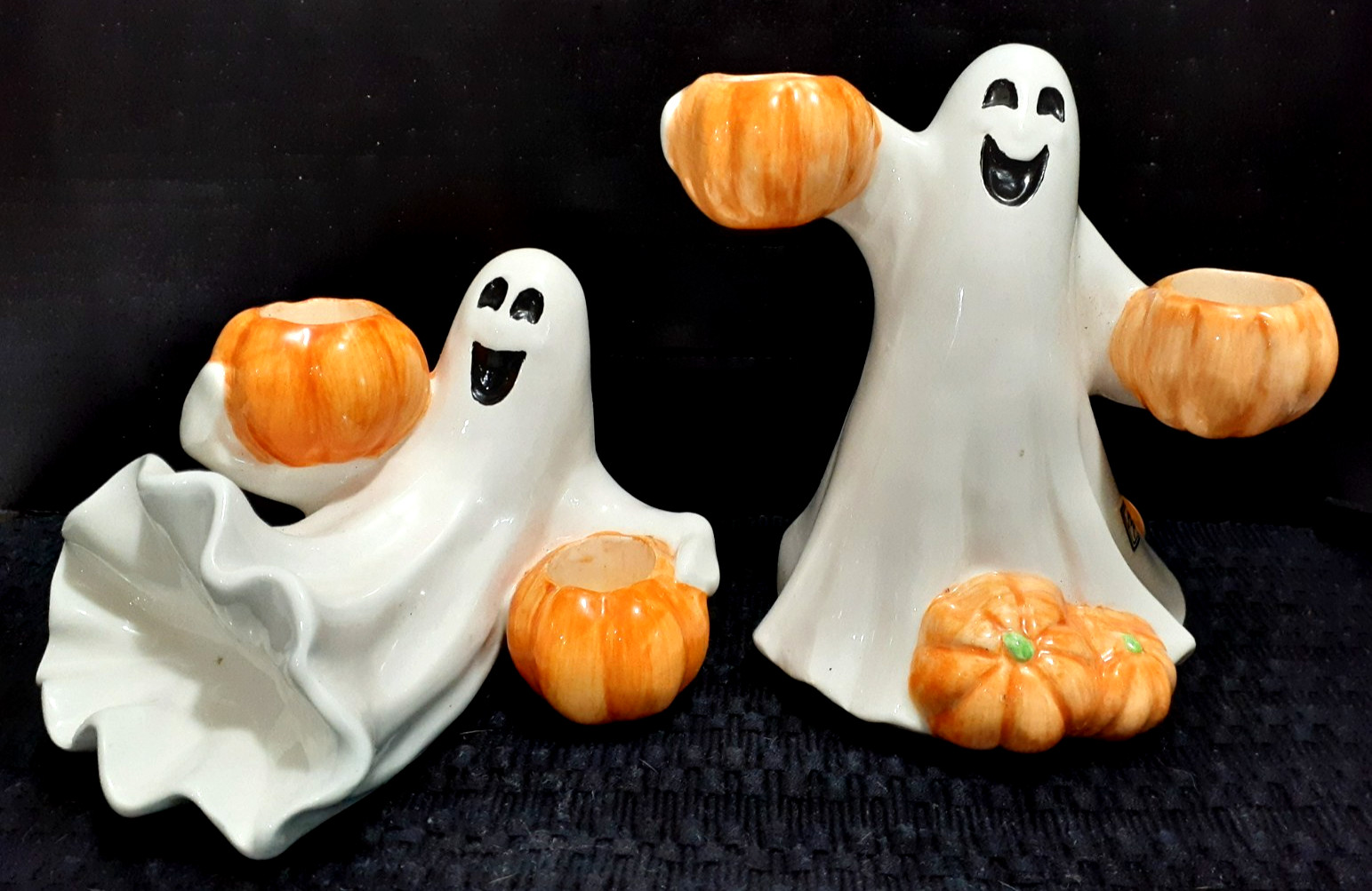 VTG. 2004 Fitz & Floyd Halloween Ghost & Pumpkin Candle Holders Set of 2