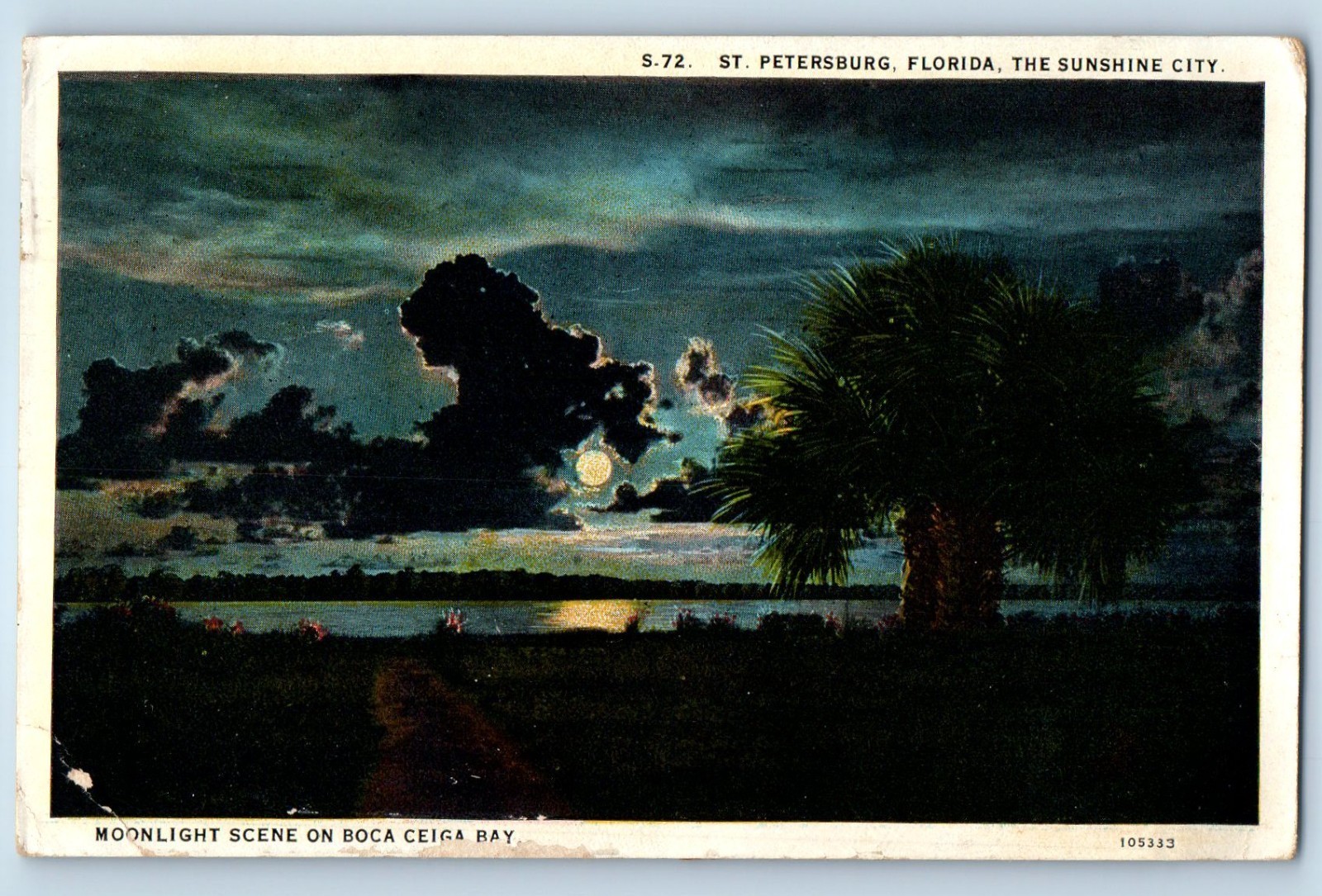 1938 Moonlight Scene Boca Ceiga Bay Dared Evil Airplane Skydiver # 2 Postcard