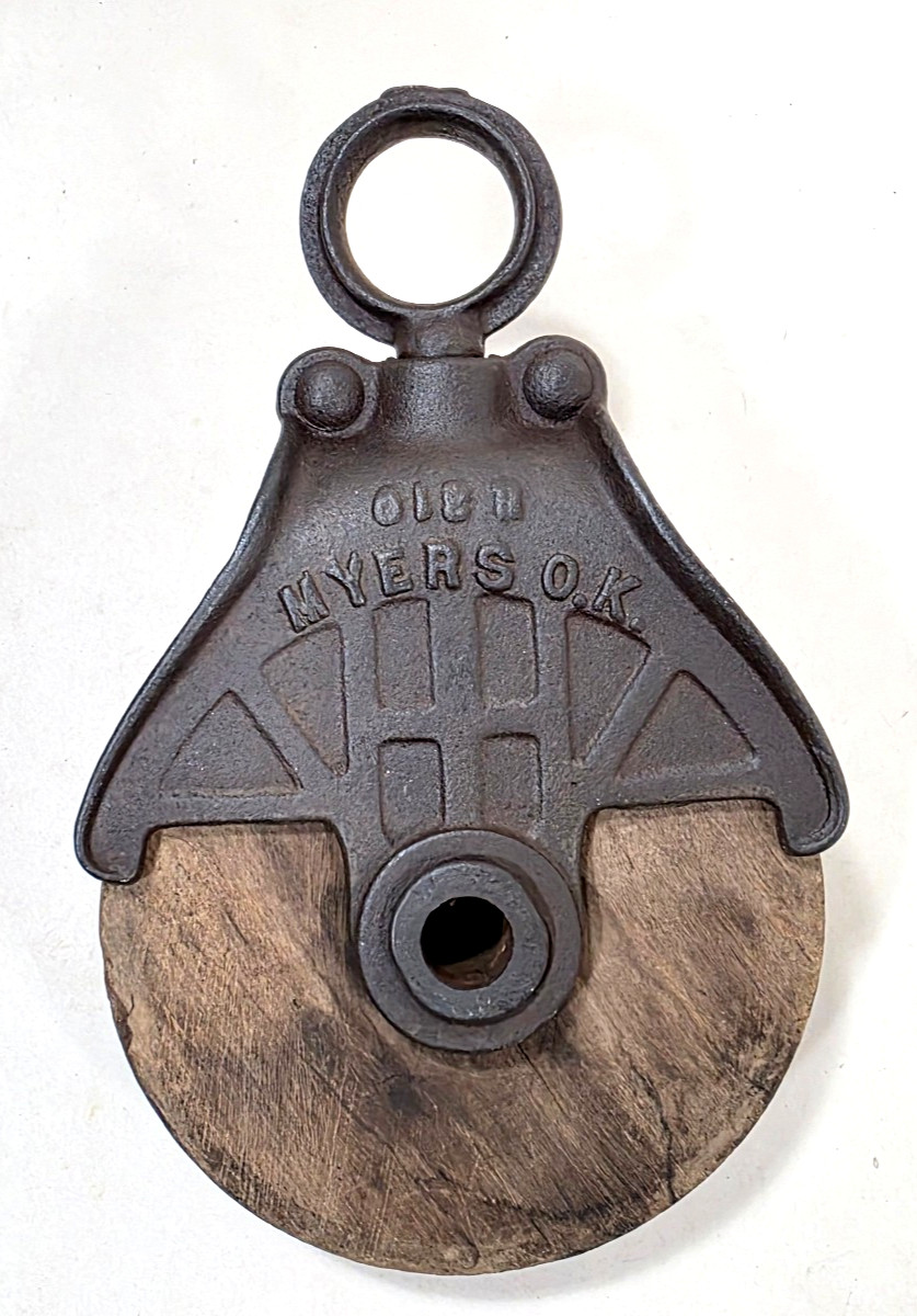Vintage Myers OK Cast Iron Barn Hay Trolly Pulley Wheel Block Tackle Hoist Deco 