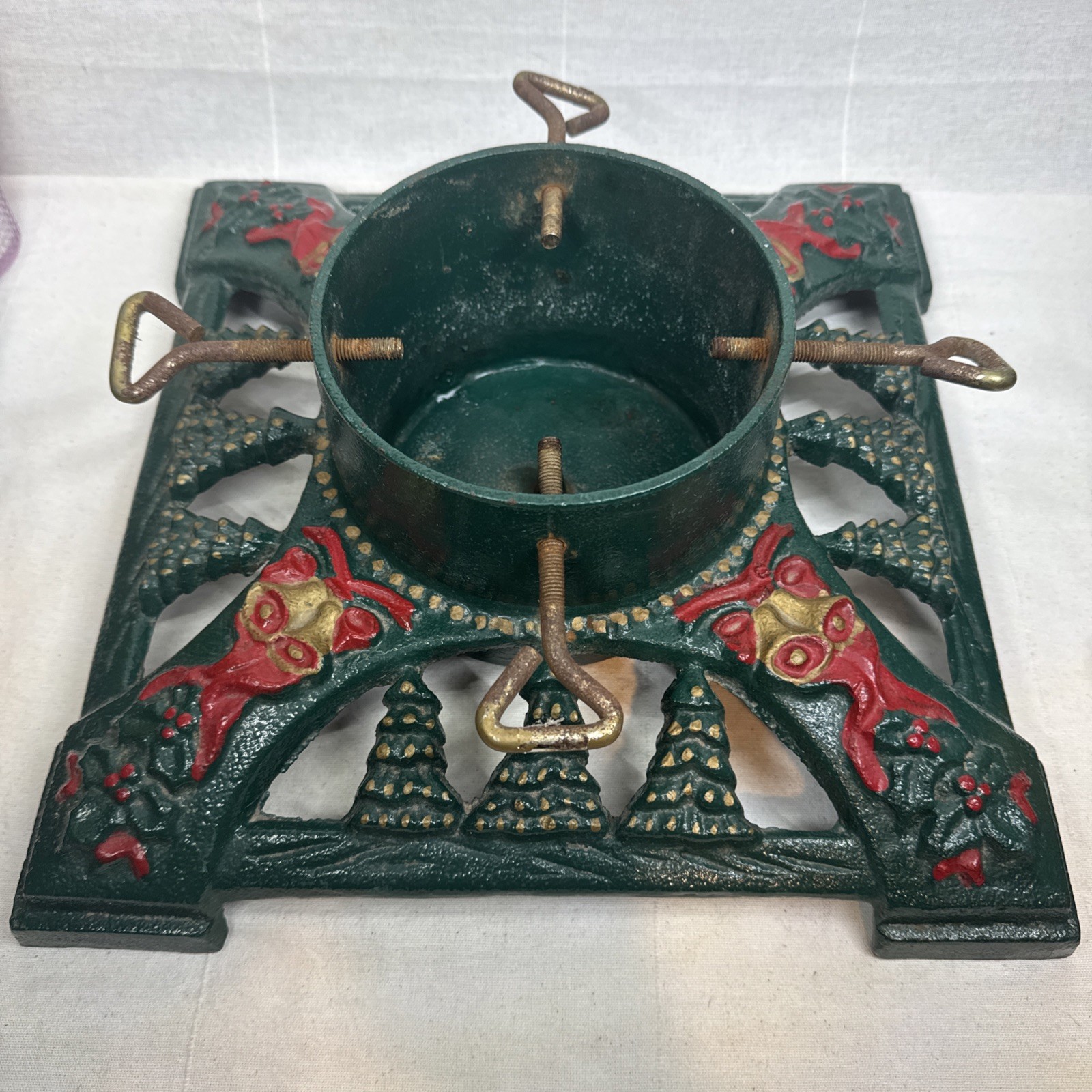 Vintage Innova Green Christmas Tree Stand Cast Iron Gold Bells Red Bows Sturdy