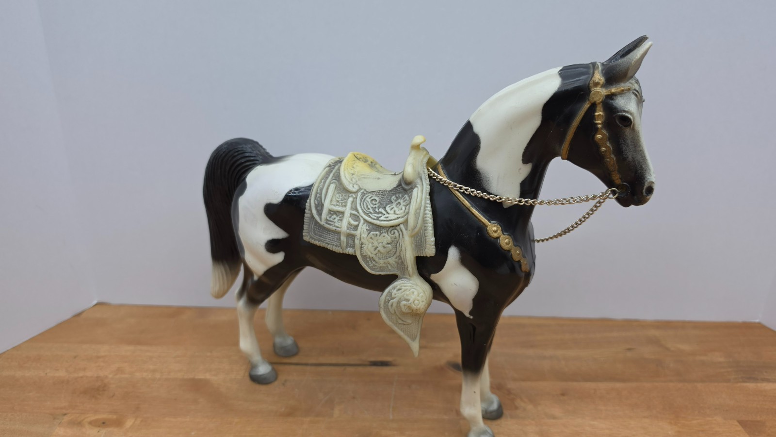 Vintage Breyer Black White Pinto Western Saddled Horse Model Unmarked