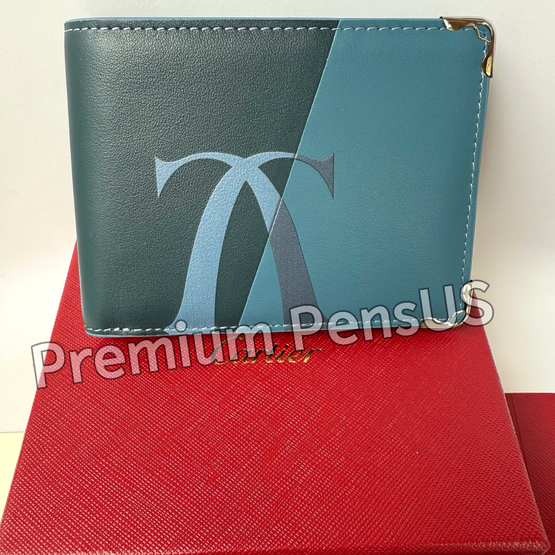 CARTIER Blue Leather Wallet Gold Corner Accent Luxury Vintage Collectible
