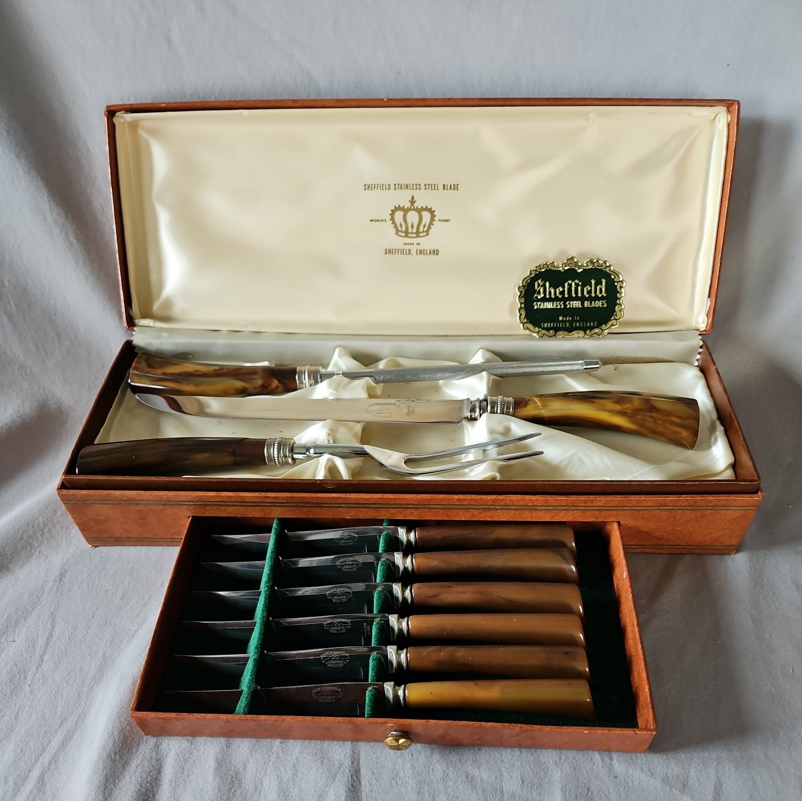 Vintage Sheffield England Carving Set and Steak Knives 10 Pieces