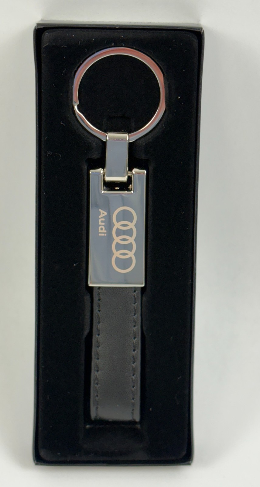 Genuine Audi Leather & Metal Keychain Premium Chrome Key Fob Ring