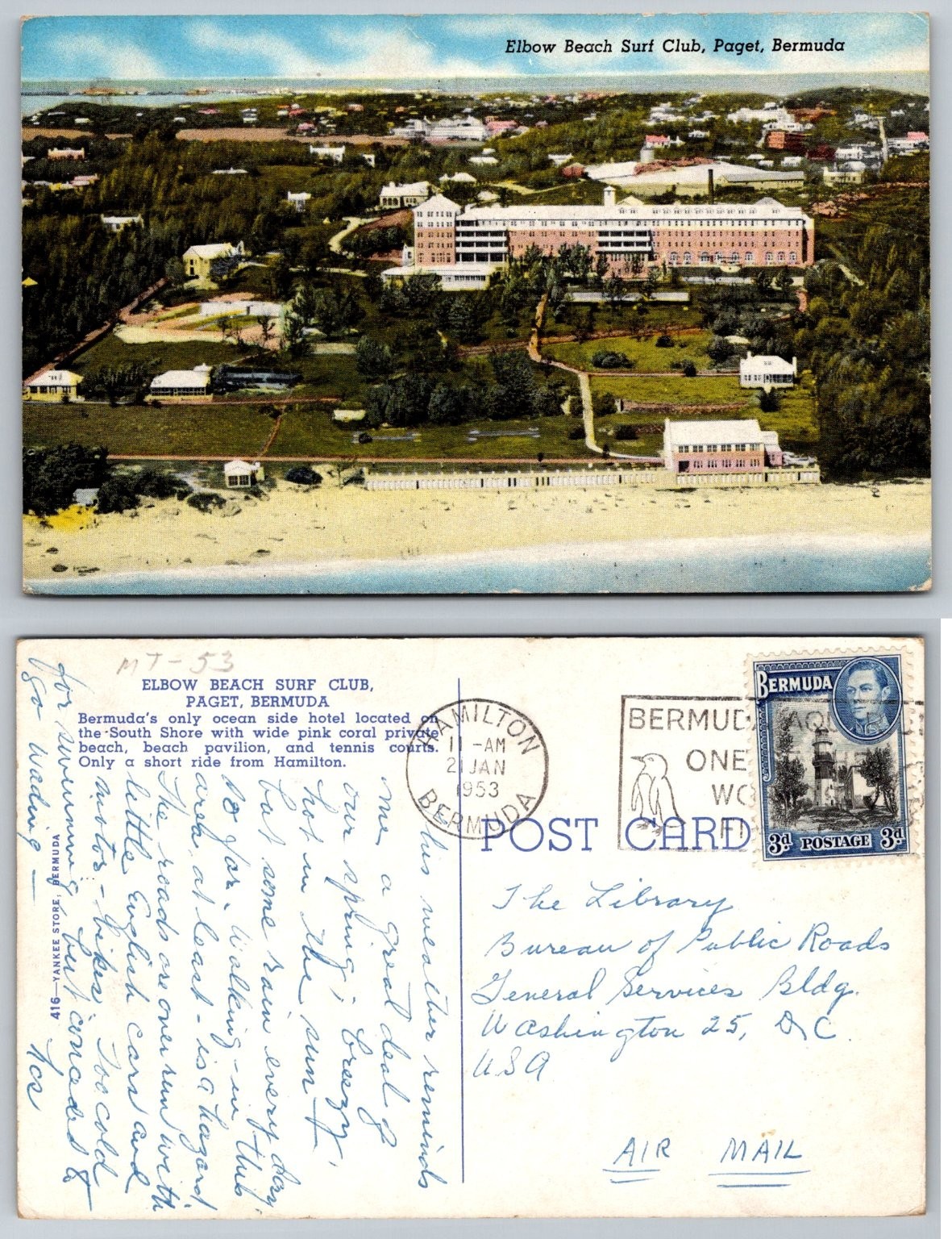 Elbow Beach Surf Club Bermuda Postcard 1953 Paget Hotel Pink Coral Beach