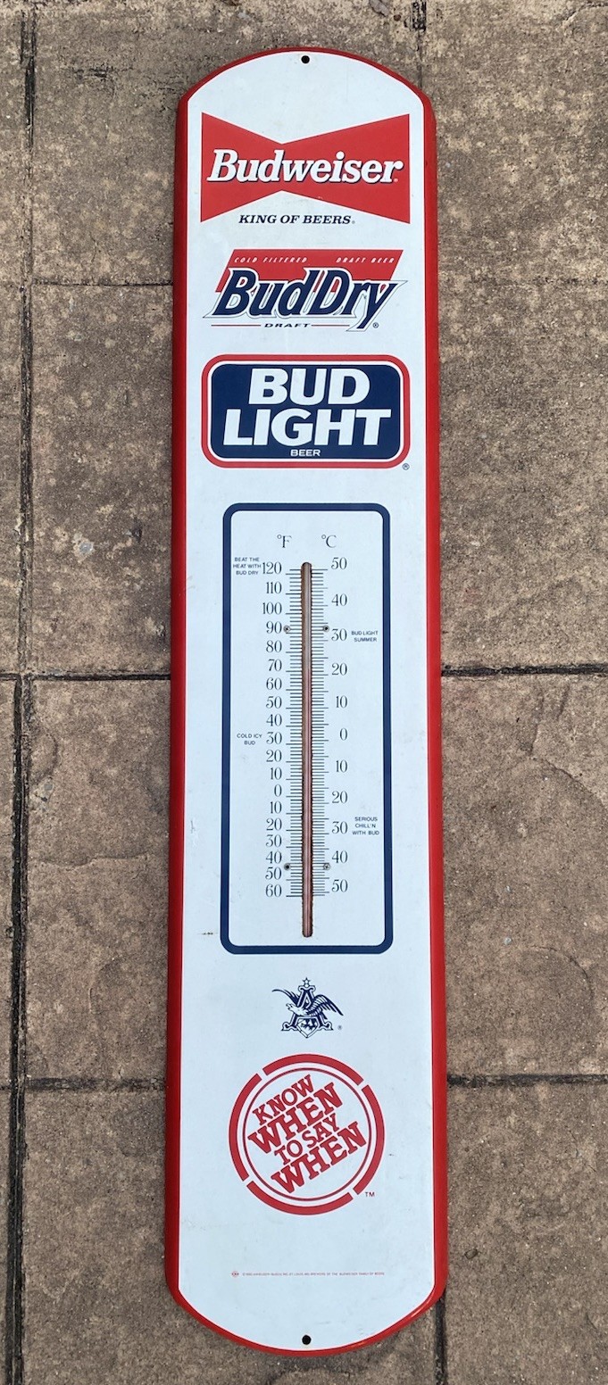 1993 Budweiser Bud Dry Bud Light Metal Advertising Thermometer 38” Beer Sign