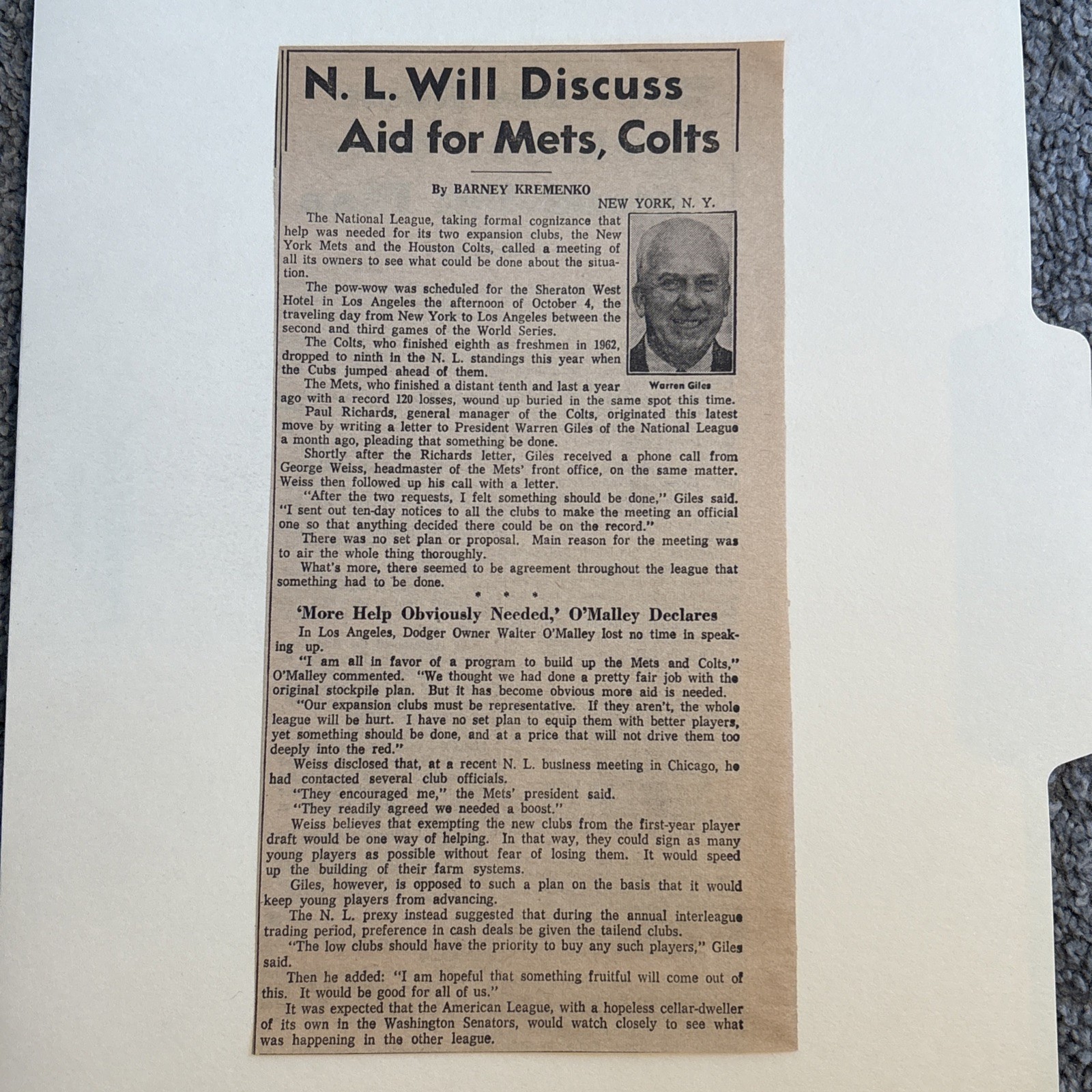 Warren Giles NL National League President 1963 Sporting News Baseball 4X9 Panel