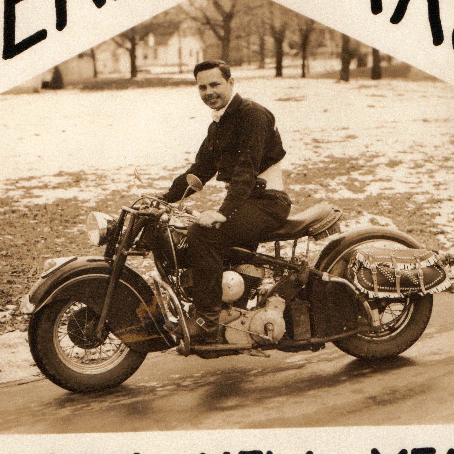 ID'd c1940s Keith Chambers Indian Motorcycle Snapshot Photo Merry Xmas Card Snow
