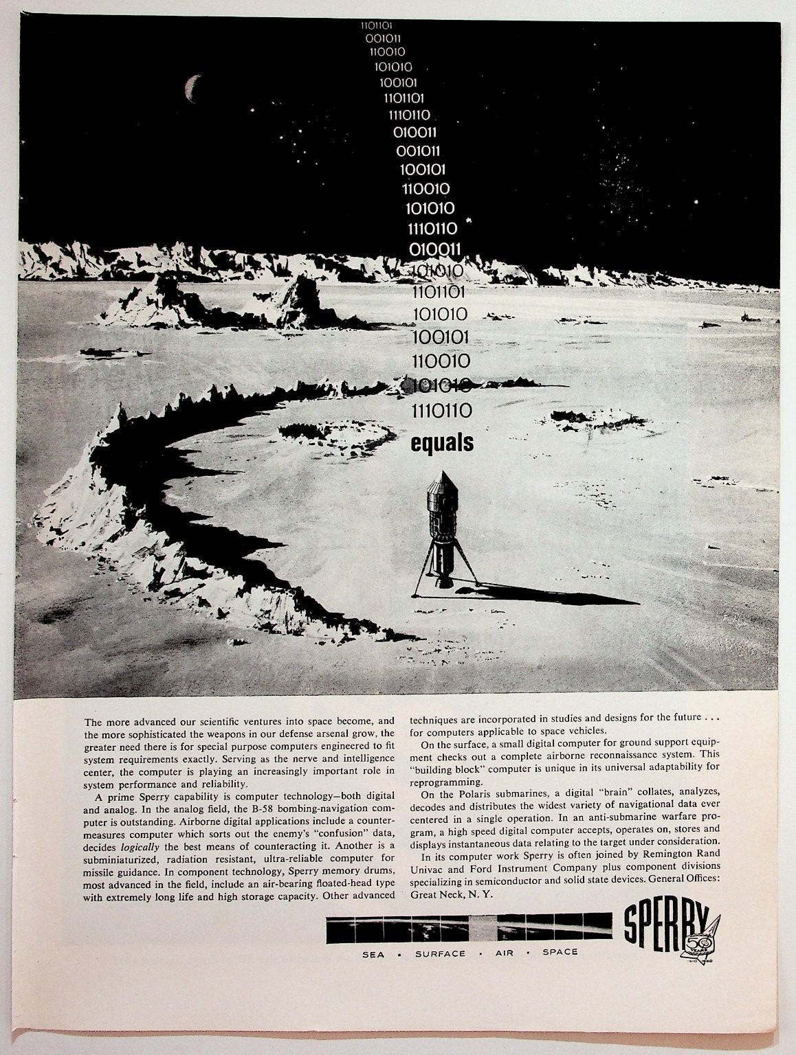 Sperry 1960 Space Age Computer Ad Magazine Ephemera Rocket Moon Binary Code