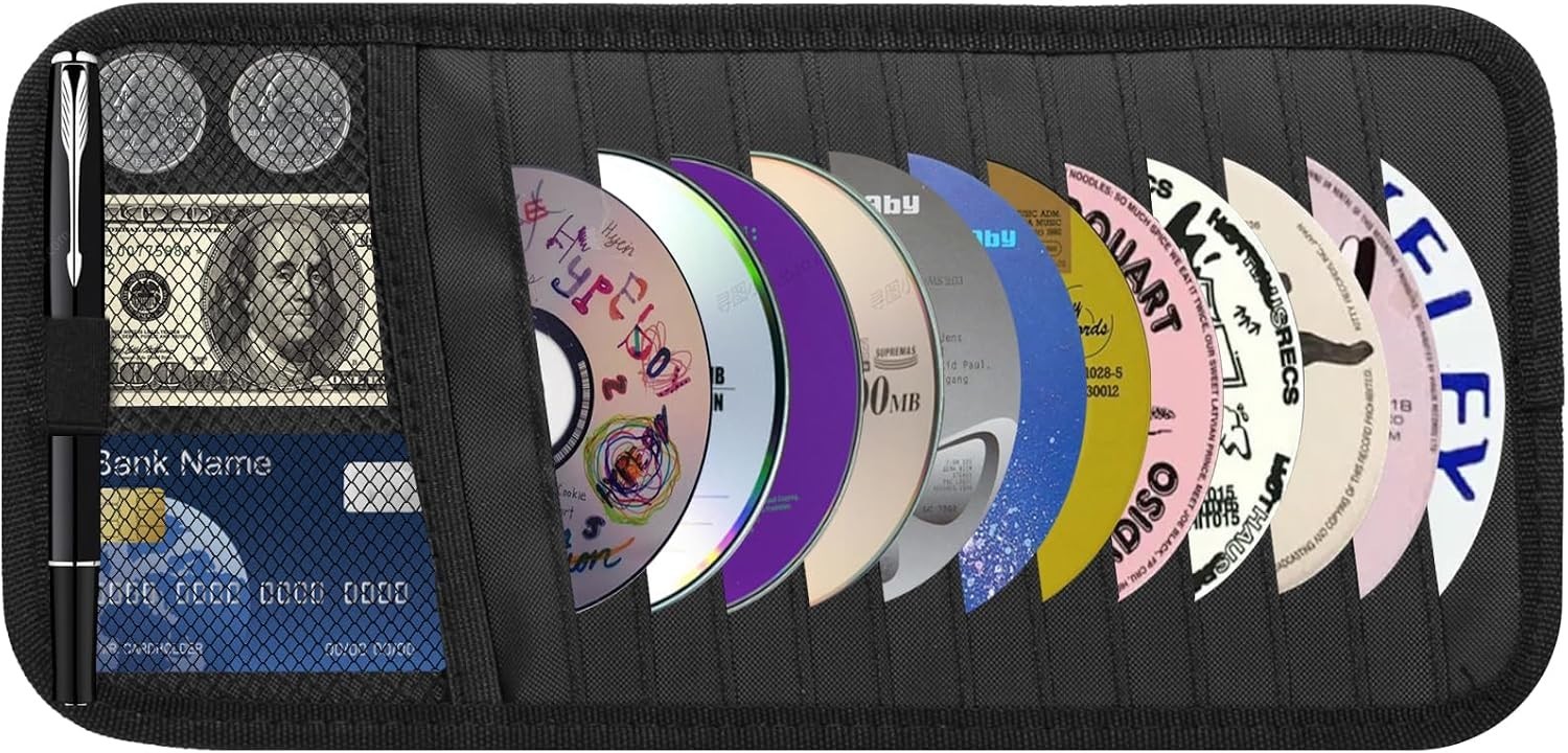 Car CD Case Holder Sun Visor Organizer for 12 CDs DVDs Mesh Pocket Black