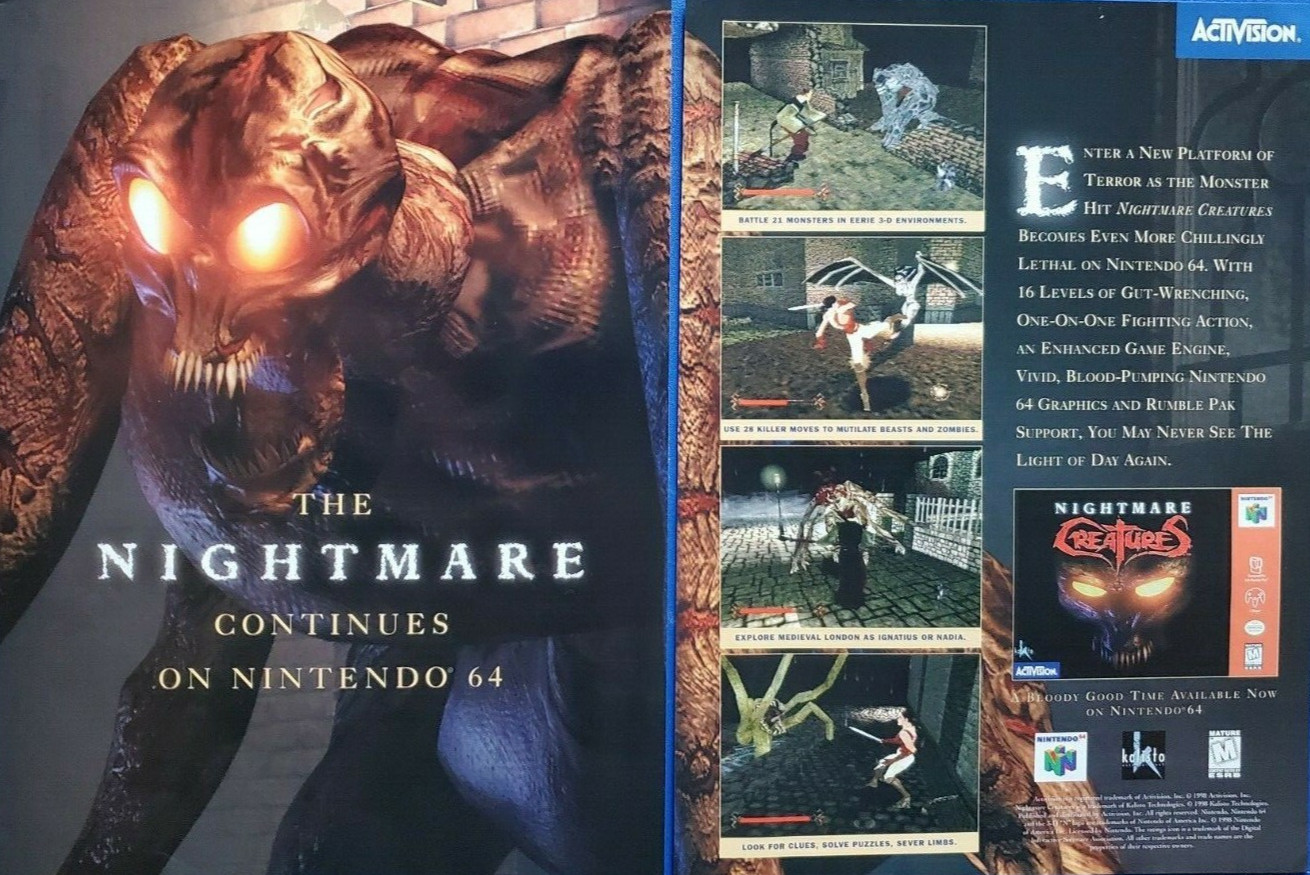 1998 Nightmare Creatures Print Ad Nintendo 64 N64 Activision Horror Promo 2pg