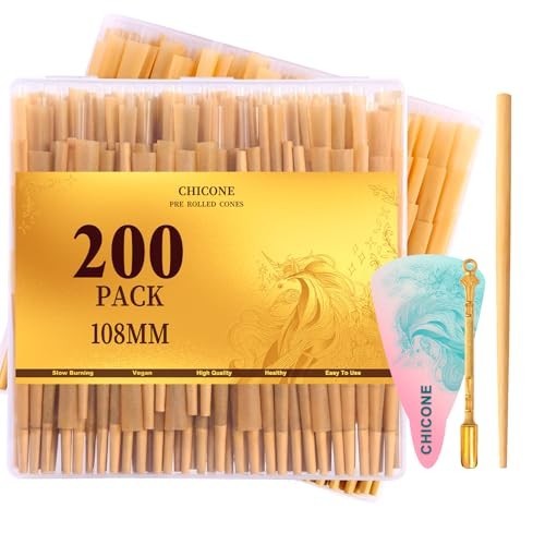 200 Pack Pre Rolled Cones | Natural Slow-Burning Cones Rolling Paper | 108mm Kin