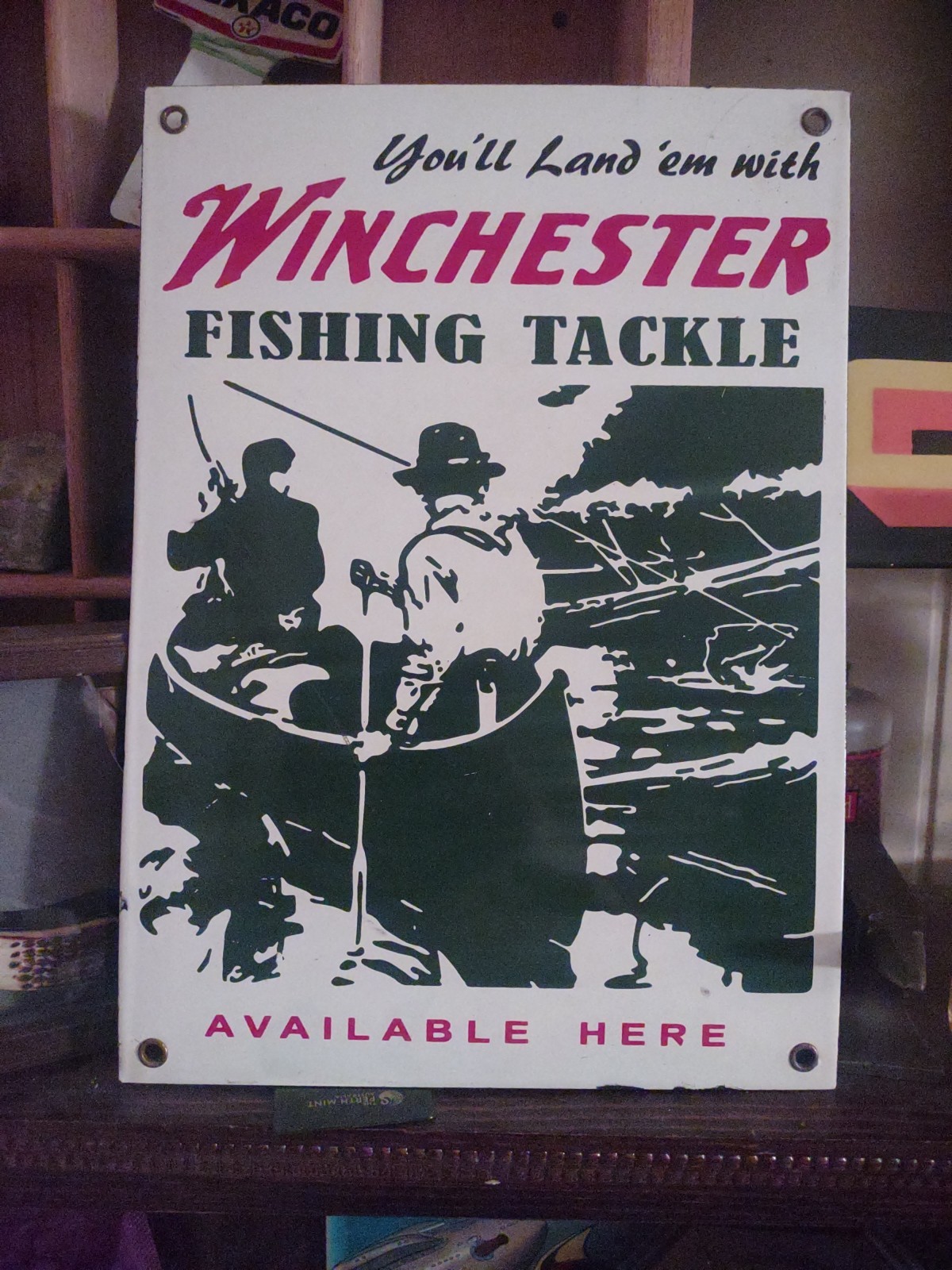 VTG LARGE WINCHESTER PORCELAIN SIGN FISHING TACKLE BAIT FIREARM GUN AMMO STORE