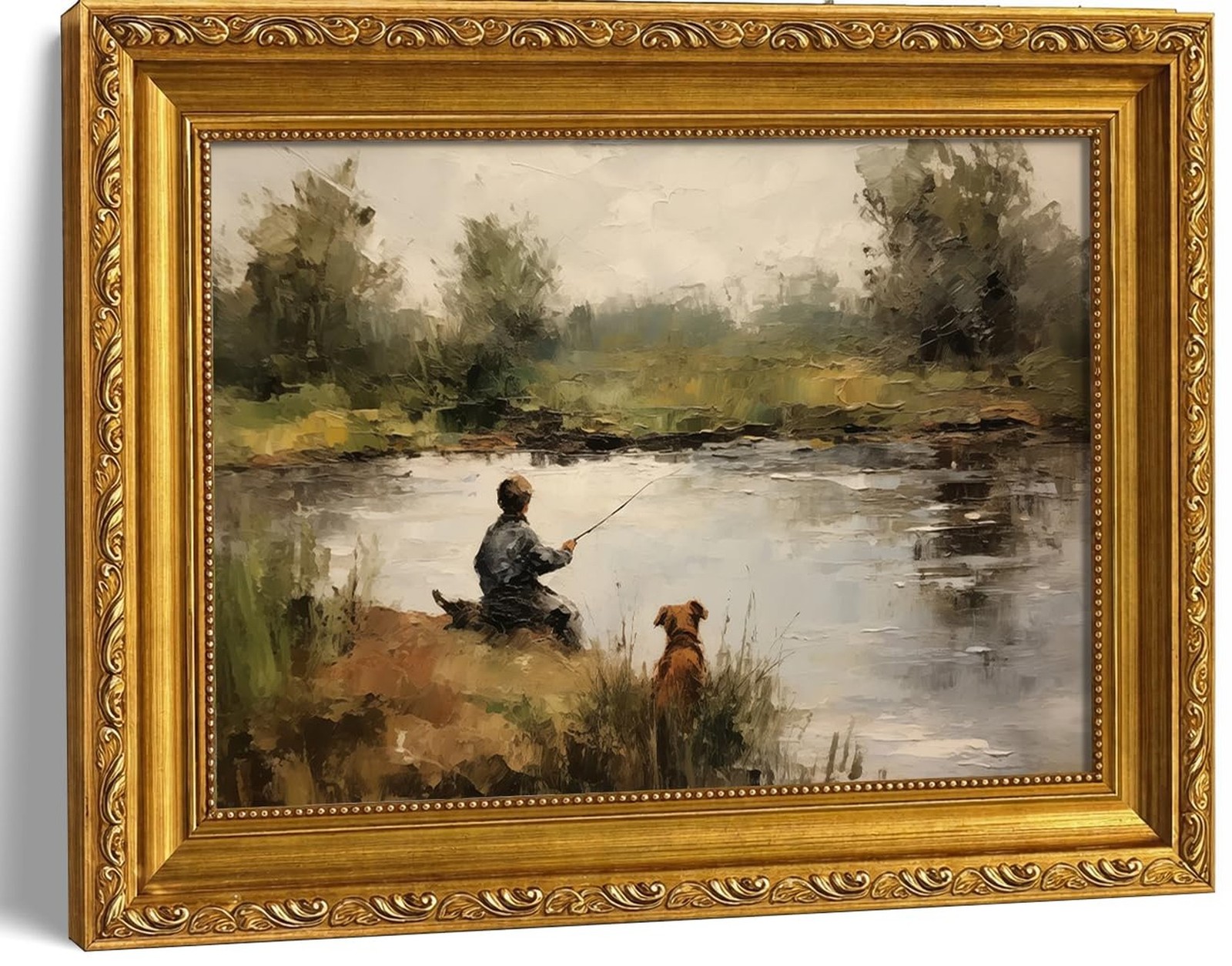 Vintage Boy Fishing Gold Framed Wall Art, Dog and Boy Landscape Canvas Prints...
