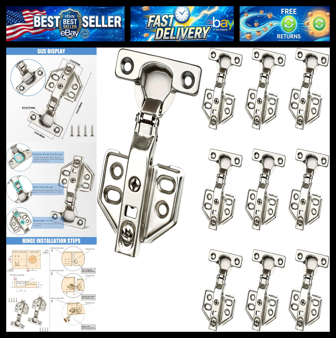 26mm Soft Close Cabinet Hinges, 10 Pack Full Overlay Frameless