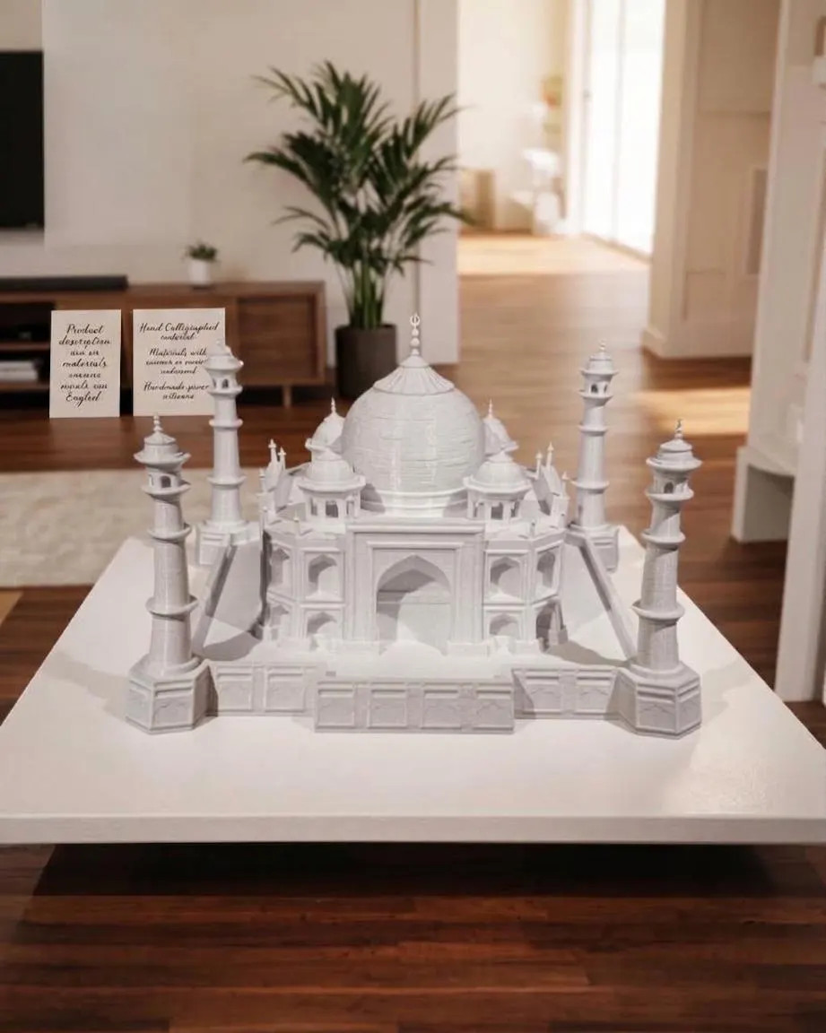 Hand-Finished Taj Mahal Model, White Marble Texture Landmark Sculpture, Home De