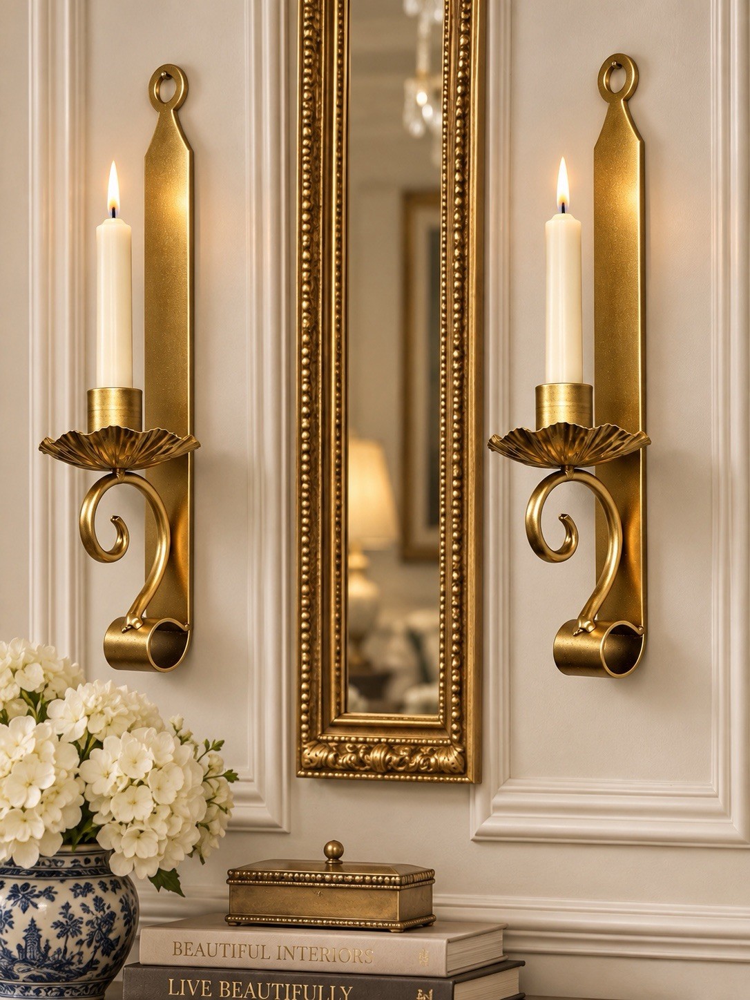 2 VTG Gold Iron Flower Scroll Wall Sconces Taper Candle Holder Hollywood Regency