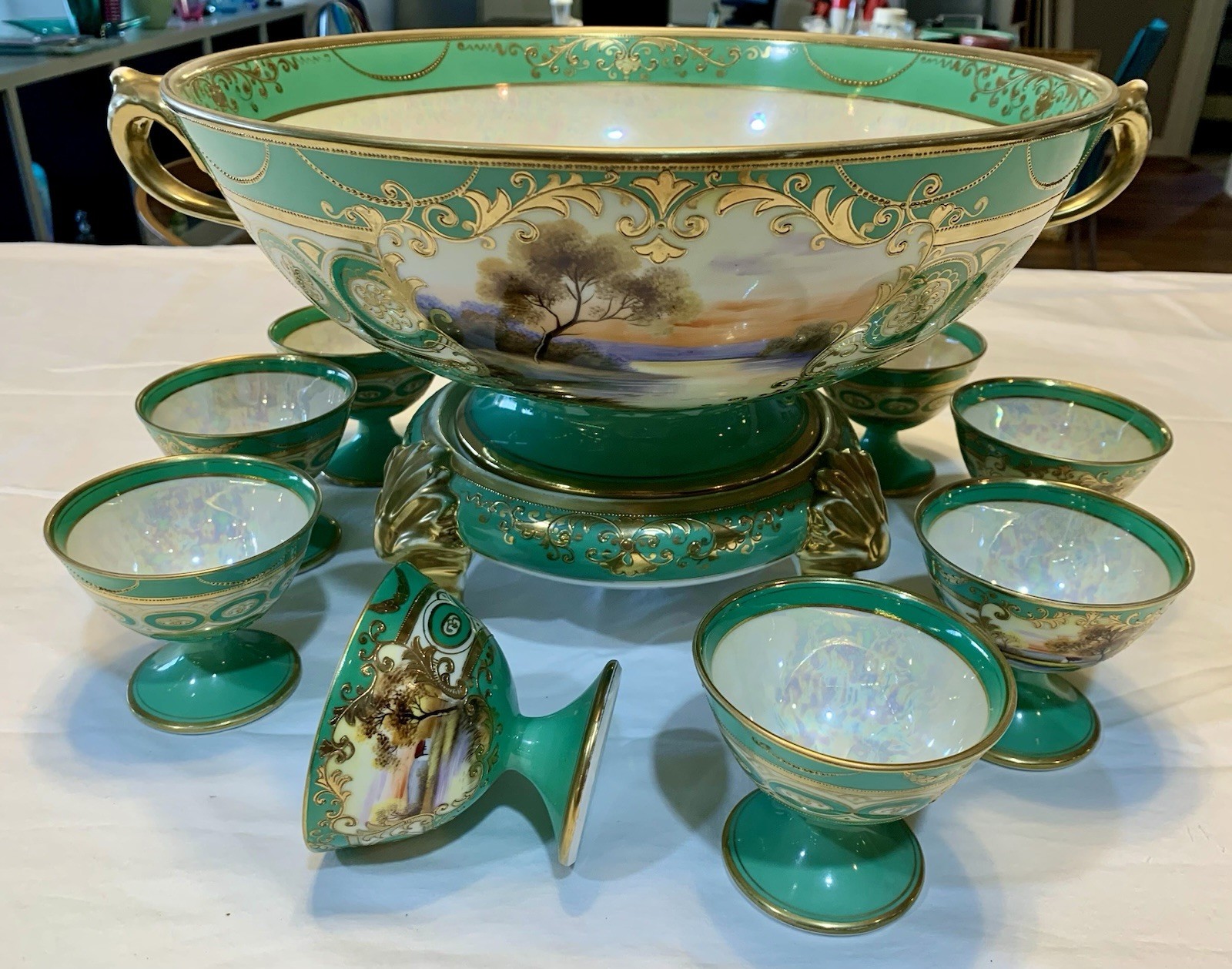 Vtg Noritake Morimura rare handpainted Fruit/Desert/Punch Bowl Setw/10 cups,mint