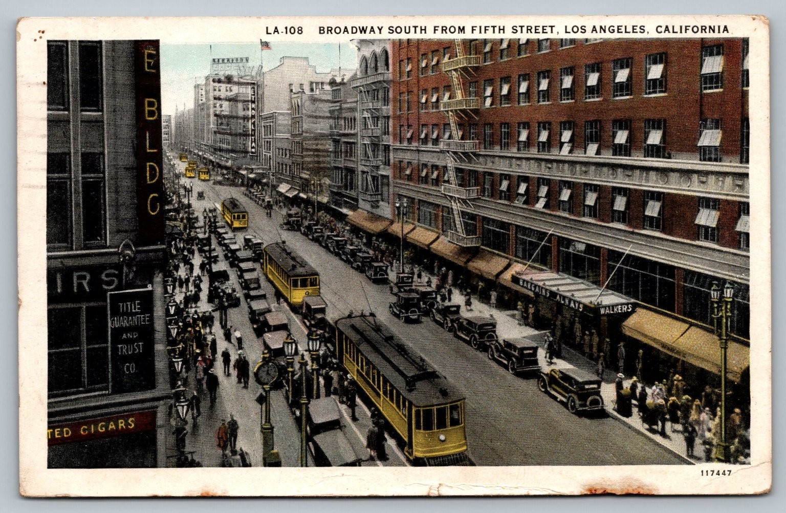 Los Angeles Broadway South from 5th Street Streetcar Postcard Old Signs Cigars
