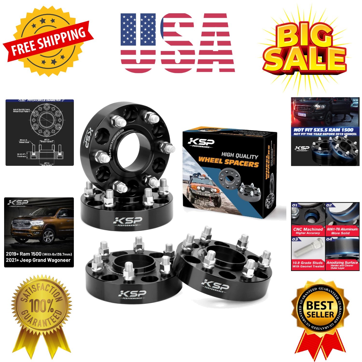 KSP 6X5.5 Wheel Spacers for Ram 1500, Jeep Grand Wagoneer, 1.5