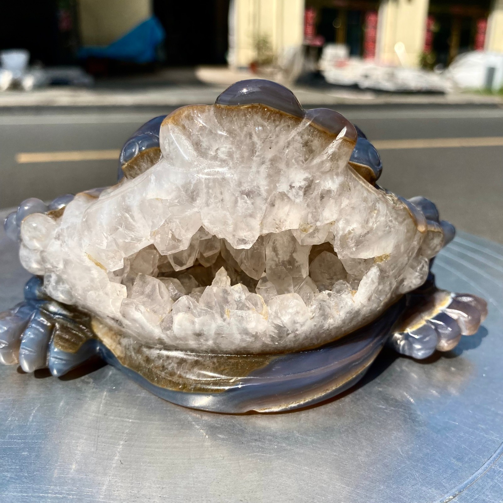 2.5LB Natural Amethyst agate geode quartz crystal Hand carved Golden Toad