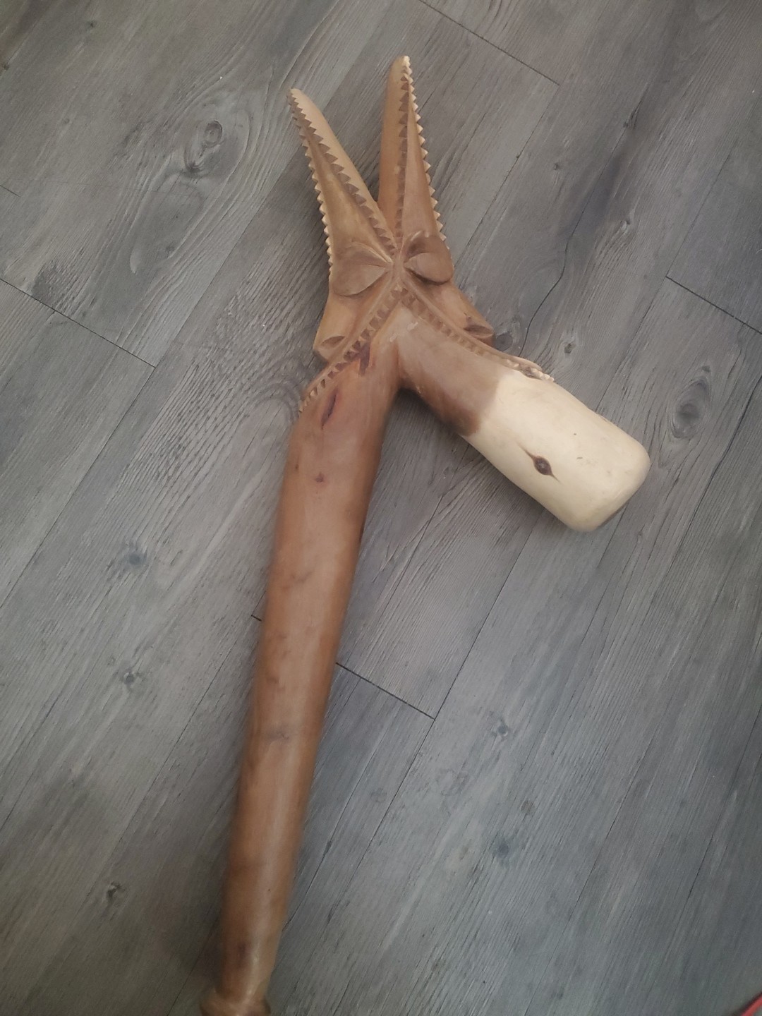 Antique Wood Carved Ceremonial Traditional Vanuatu Pig-Killing Hammer Club 27