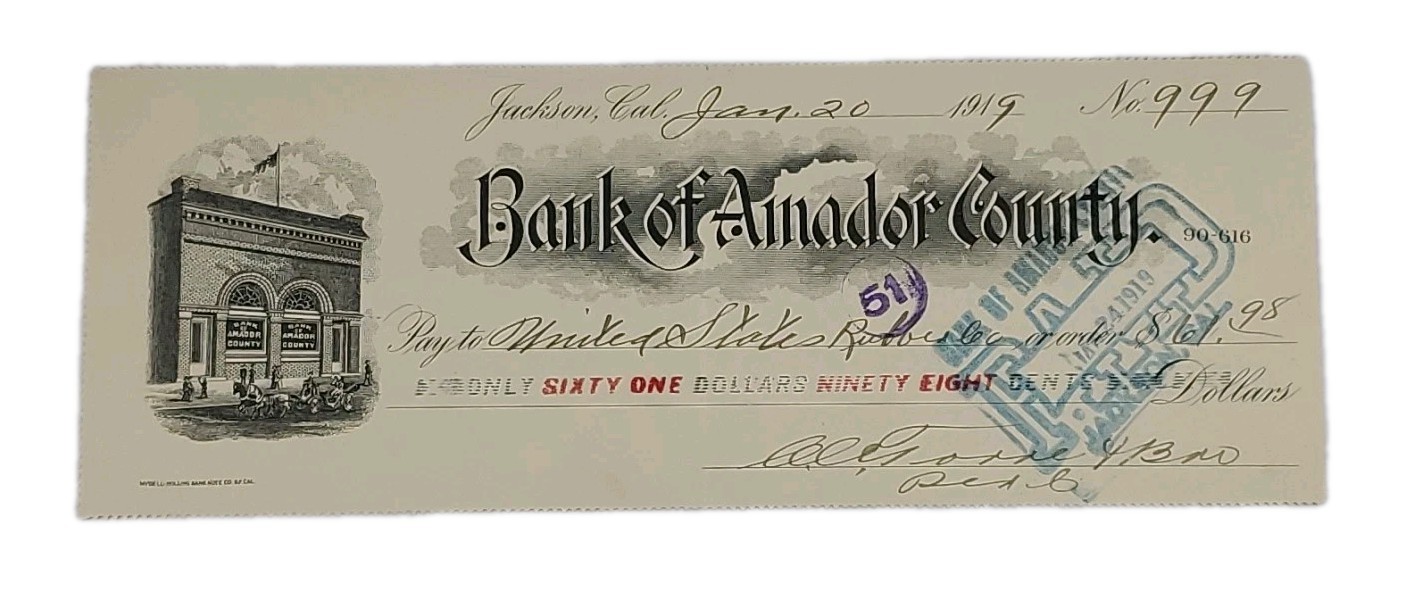 1919 Bank Check: Bank of Amador County, Jackson, CA