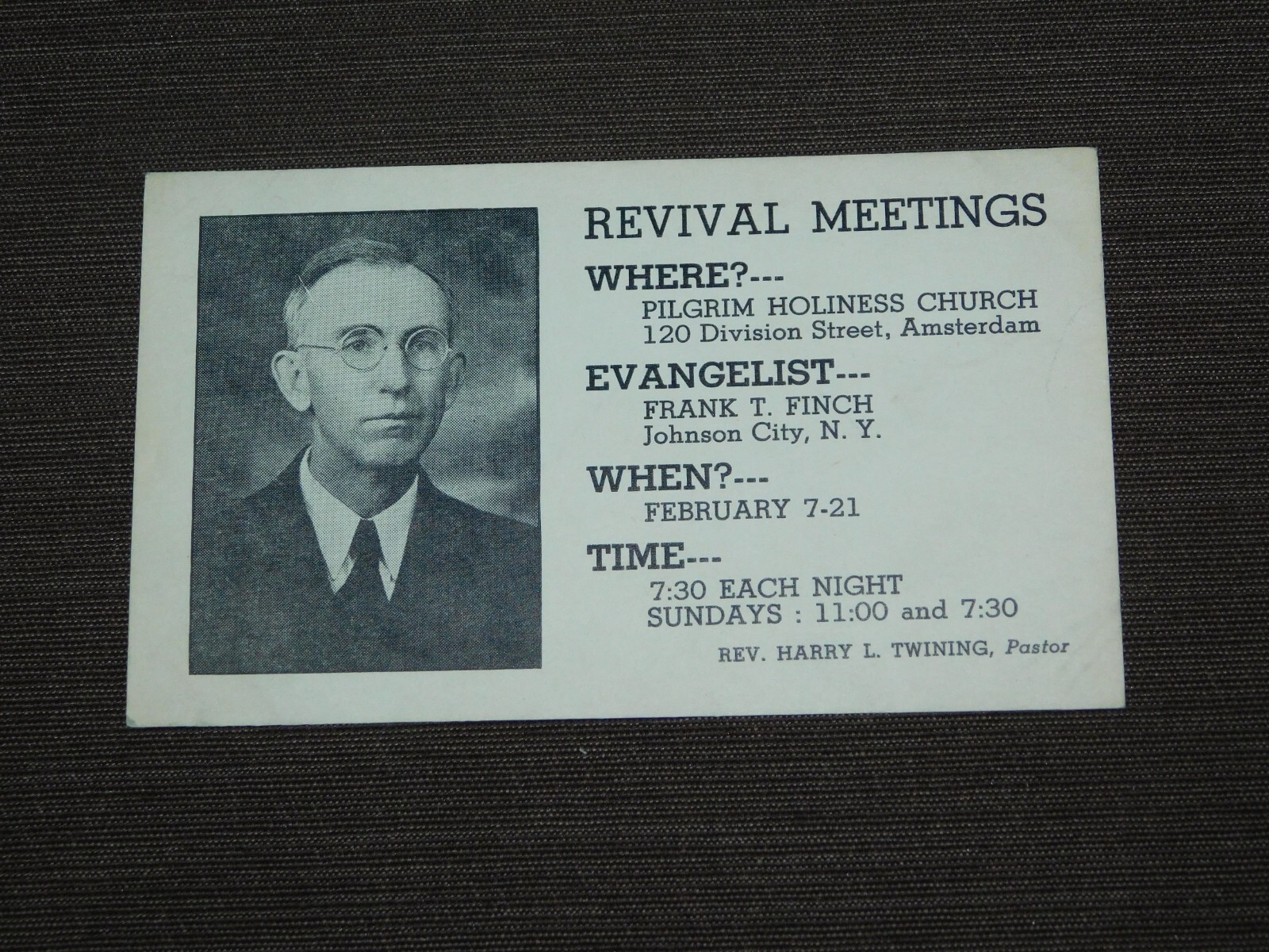 VINTAGE PILGRIM HOLINESS CHURCH REVIVAL MEETINGS AMSTERDAM  FRANK T FINCH CARD