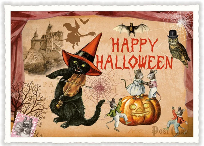 Postcard Glitter Tausendschoen Happy Halloween Pumpkin Black Cat Violin Witch