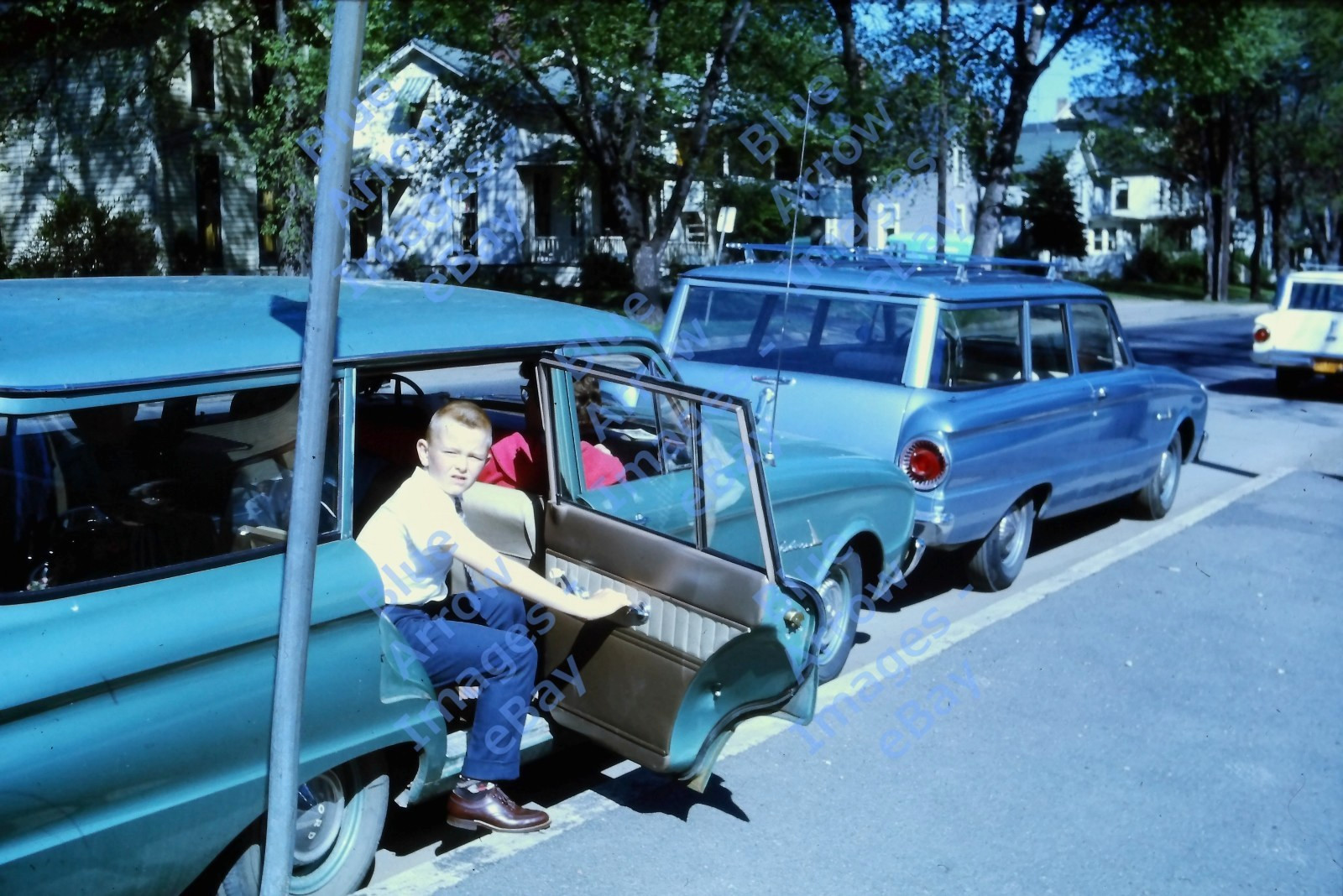 1963 35mm Slide Boy Exiting Ford Falcon Station Wagon #17635