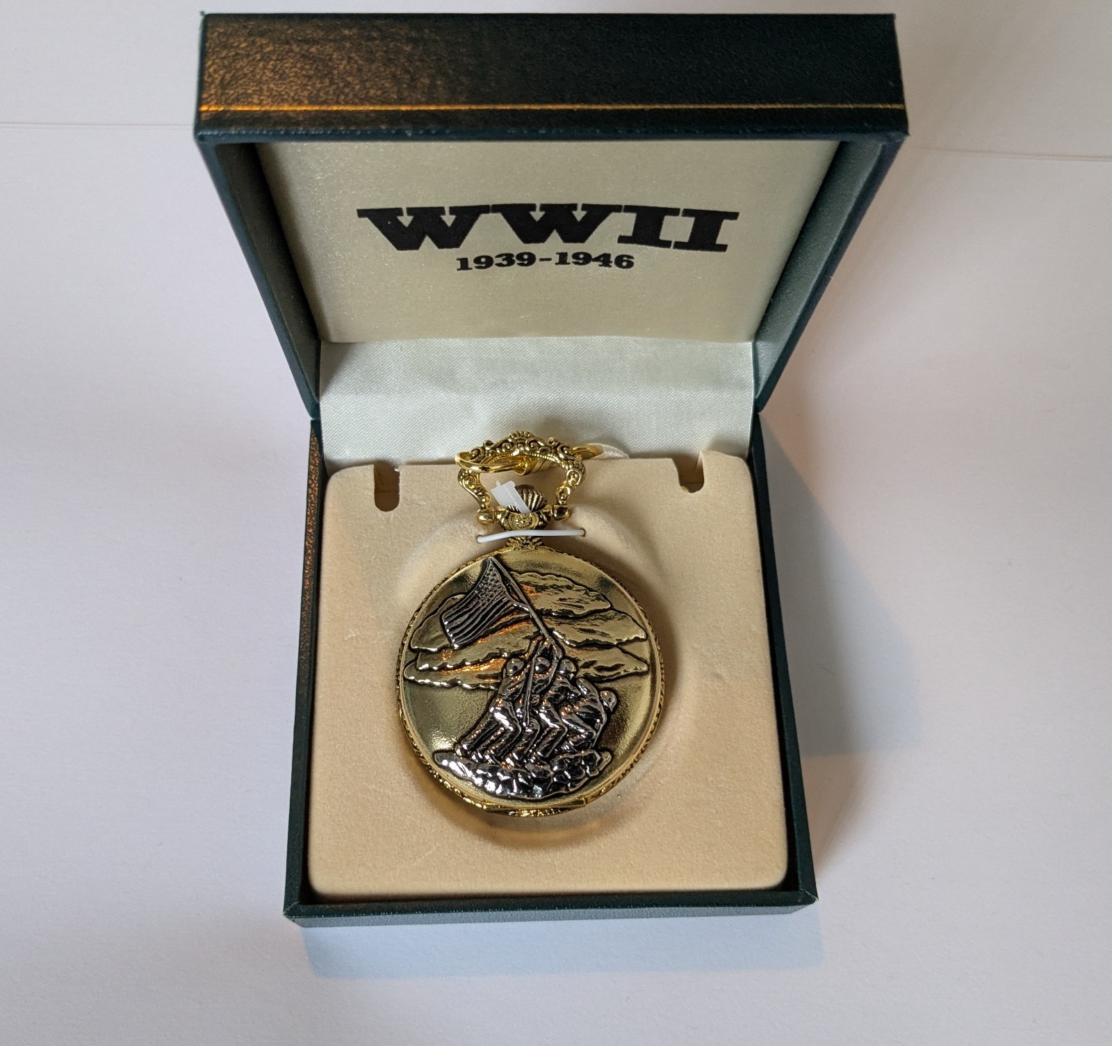 WWII Pocket Watch Iwo Jima Flag Raising Corsair Planes Gold Chain Gift