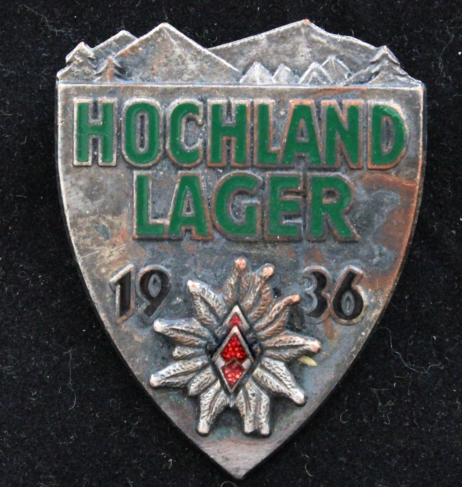 24)	German World War II 1936 Silver H Youth HJ HOCHLAND LAGER Alpine Badge