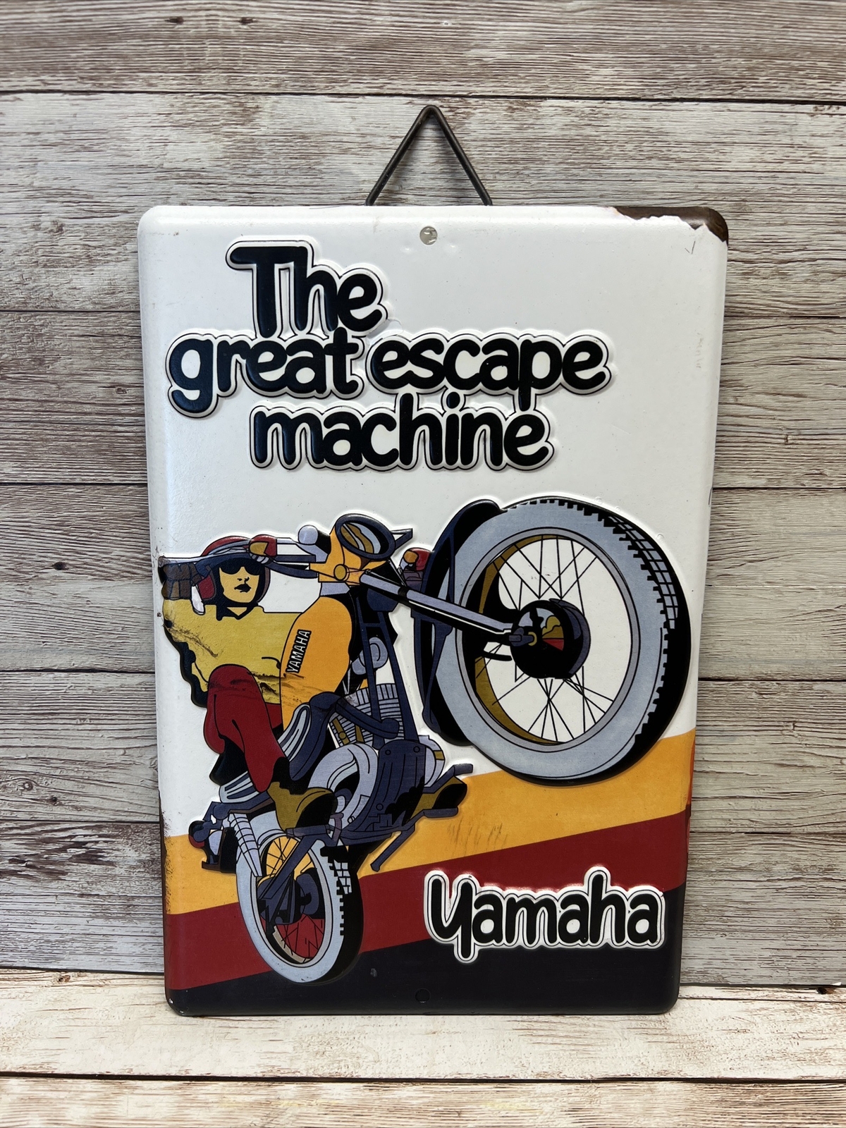 Yamaha The Great Escape Machine Metal Die Cut Embossed Vintage Sign 8.5 x 5.5