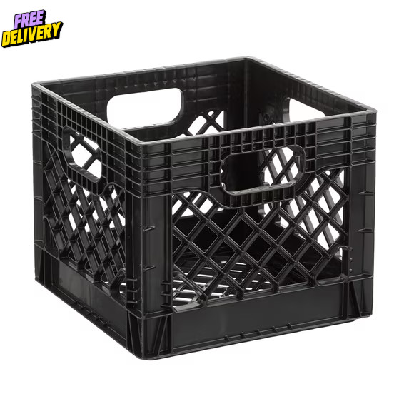 Juggernaut Storage 16QT Heavy-Duty Plastic Milk Crate Black with Built-in Handle