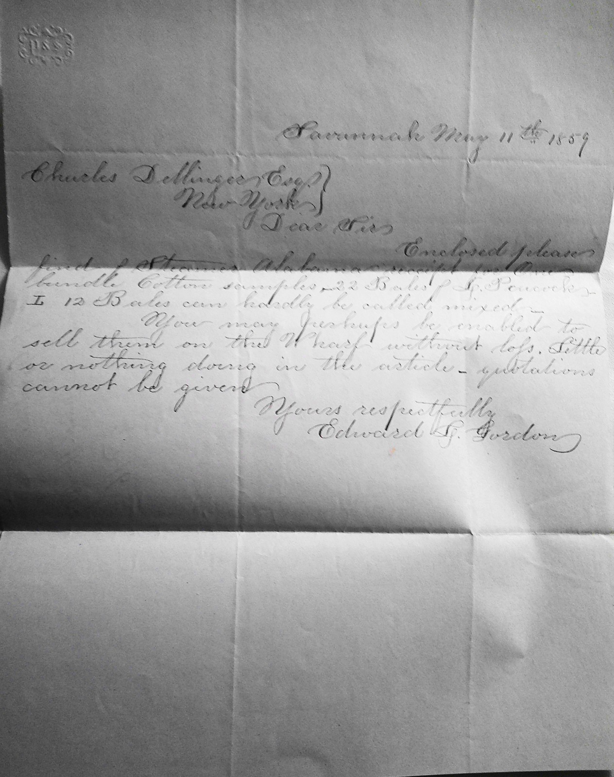 1859 Savannah Georgia letter on cotton trade - E. G. Gordon to Charles Dellinger