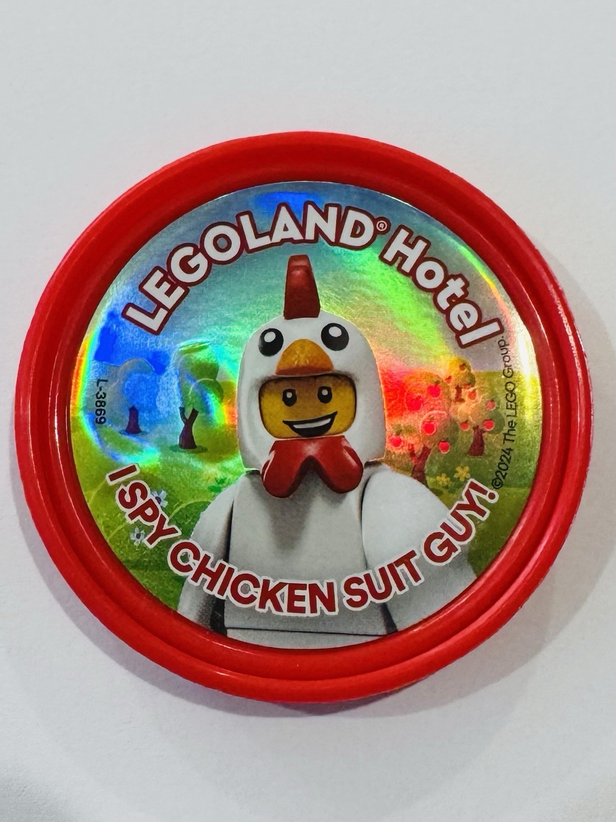 LEGOLAND Hotel I Spy Chicken Suit Guy Pop Badge Red Collectible Pin Minifigure